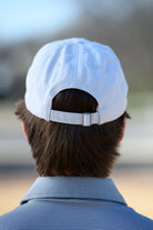 Auburn University White Dad Hat with a blue embroidered logo of the War Eagle Banner.