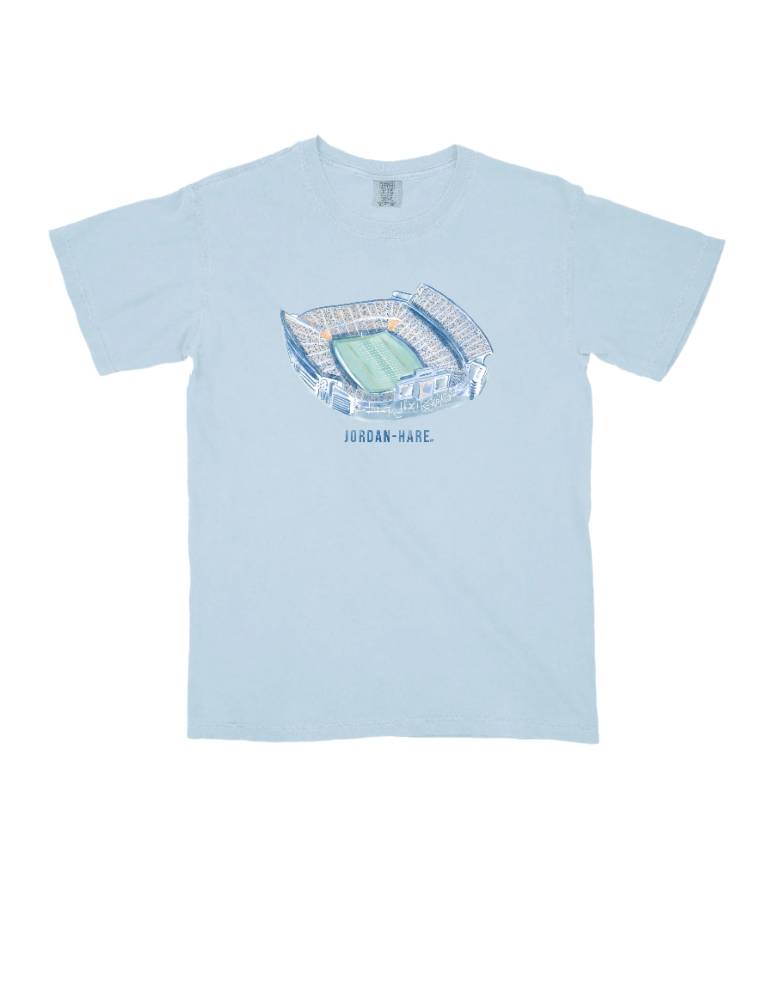 Auburn University Light Blue Youth T-Shirts with a watercolor illustration of Jordan-Hare Stadium