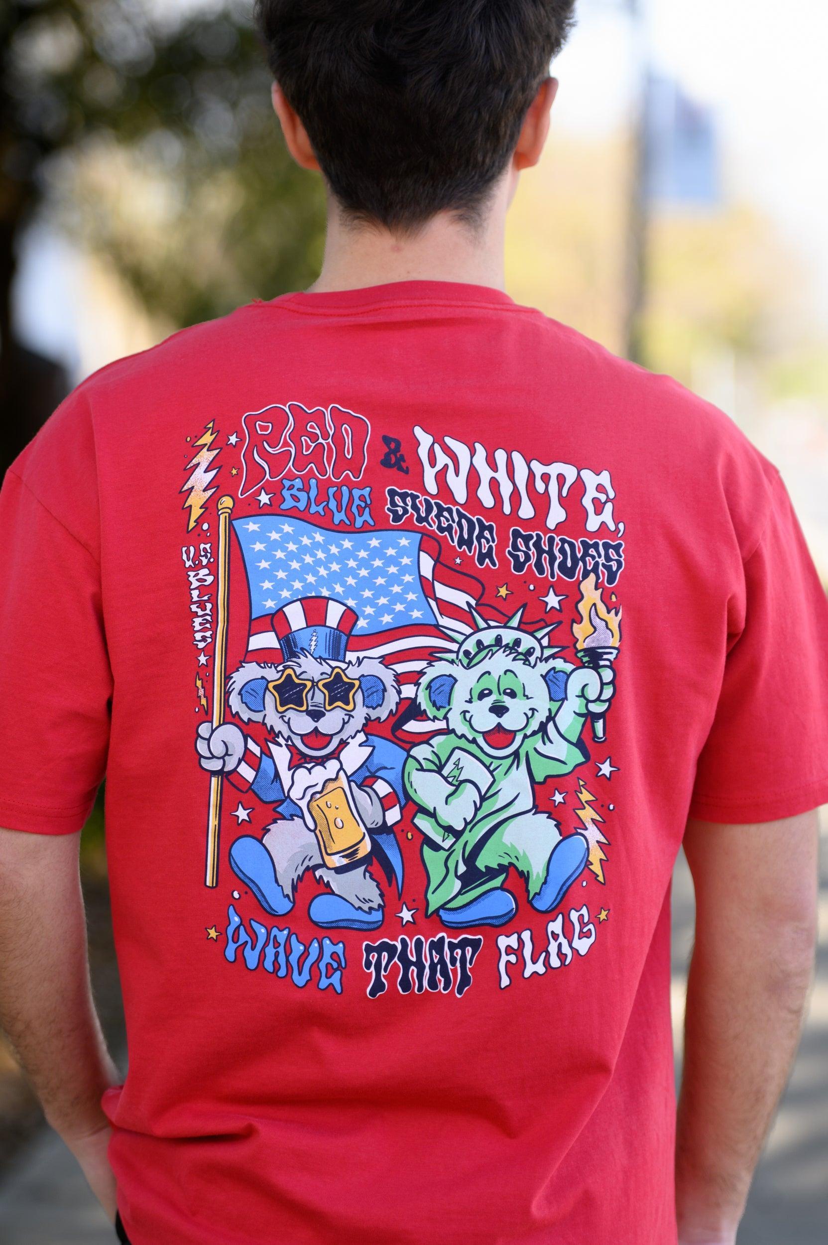 Grateful state Red T-Shirt with Dancing Bears wearing an Uncle Sam and Lady Liberty outfits and text "Red & White, Blue Suede Shoes" and "Wave That Flag"