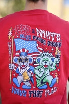 Grateful state Red T-Shirt with Dancing Bears wearing an Uncle Sam and Lady Liberty outfits and text "Red & White, Blue Suede Shoes" and "Wave That Flag"