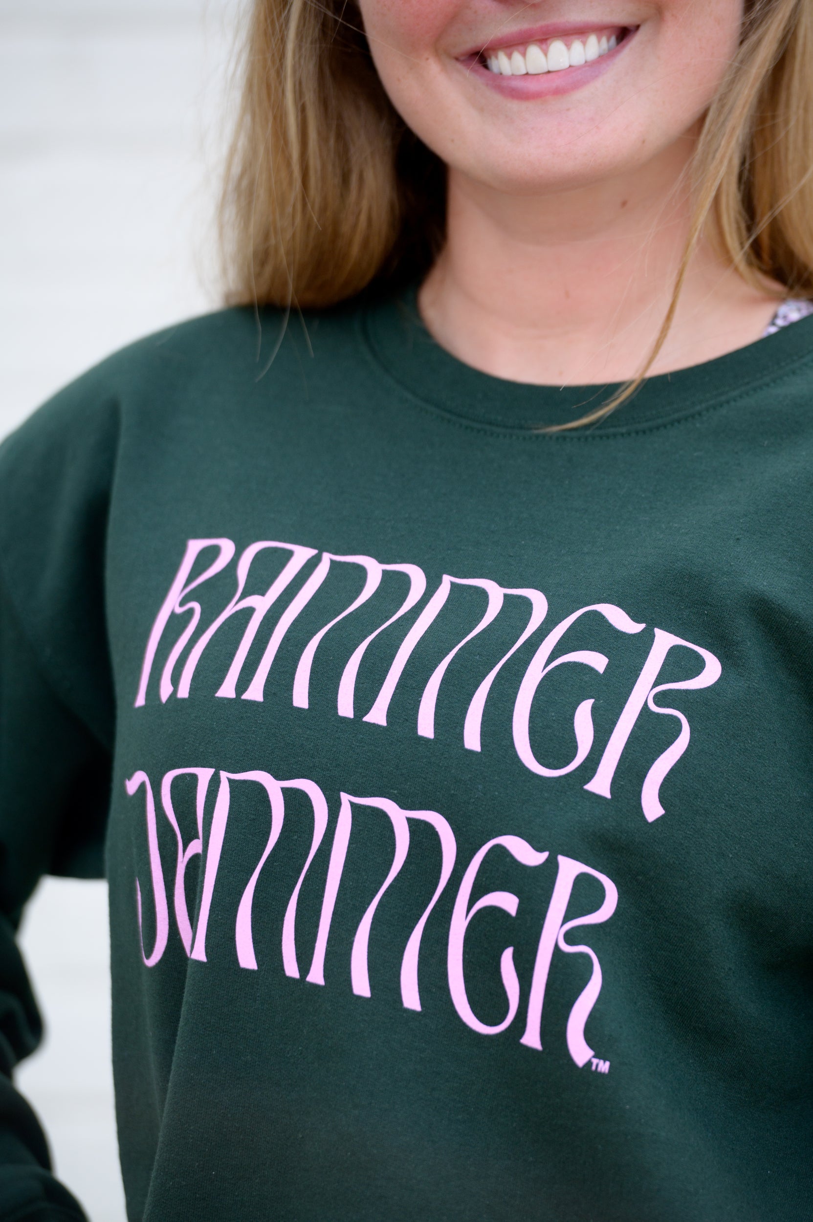 University of Alabama Dark Green Sweatshirt with Pink text "Rammer Jammer"
