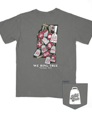Gray t-shirt with a graphic of various bottle caps and 'We Ring True' text on the back, with a smaller graphic of a bell and 'Hail State' text on the pocket.