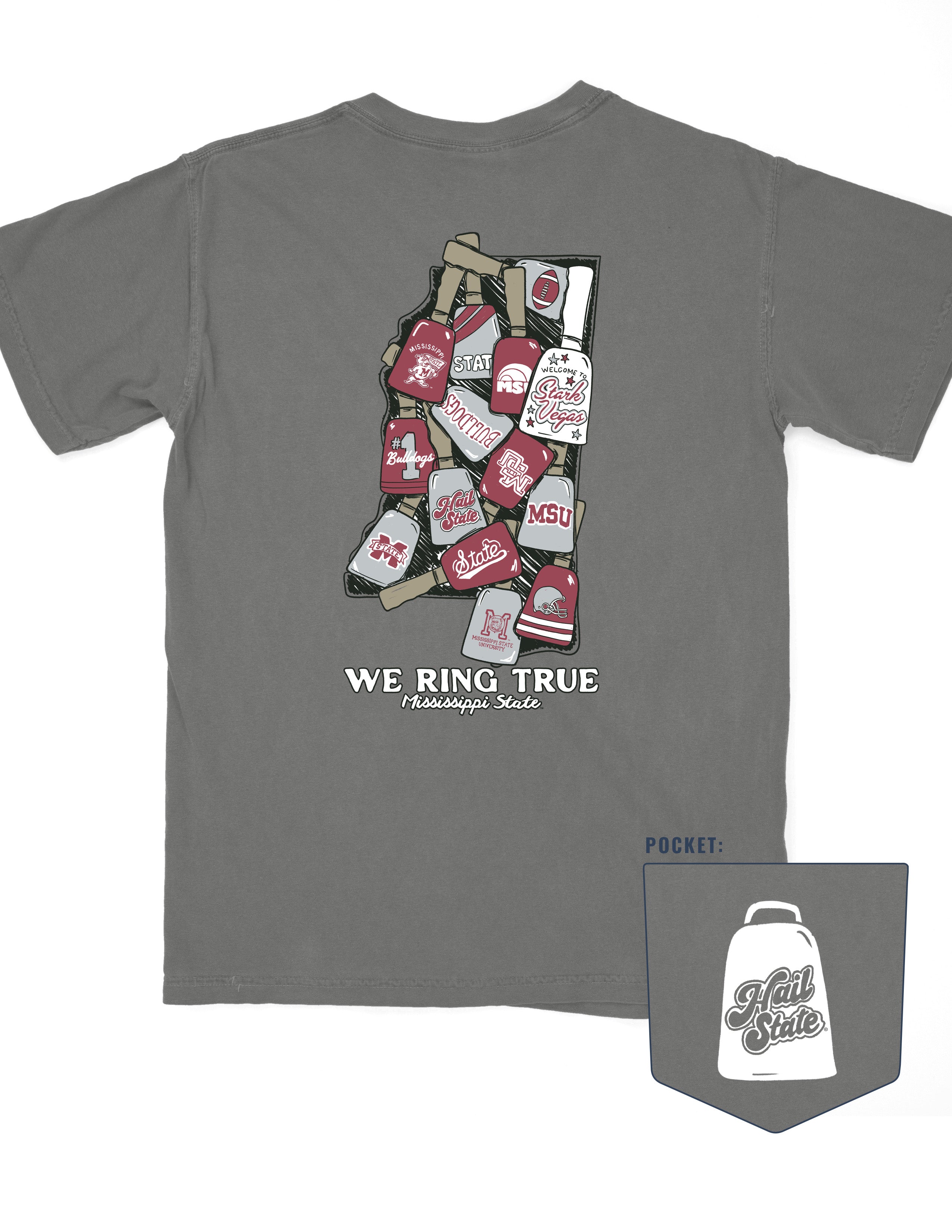 Gray t-shirt with a graphic of various bottle caps and 'We Ring True' text on the back, with a smaller graphic of a bell and 'Hail State' text on the pocket.