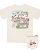 Beige t-shirt with 'Welcome to Fabulous Starkvegas, Mississippi' graphic and 'State' logo on pocket.