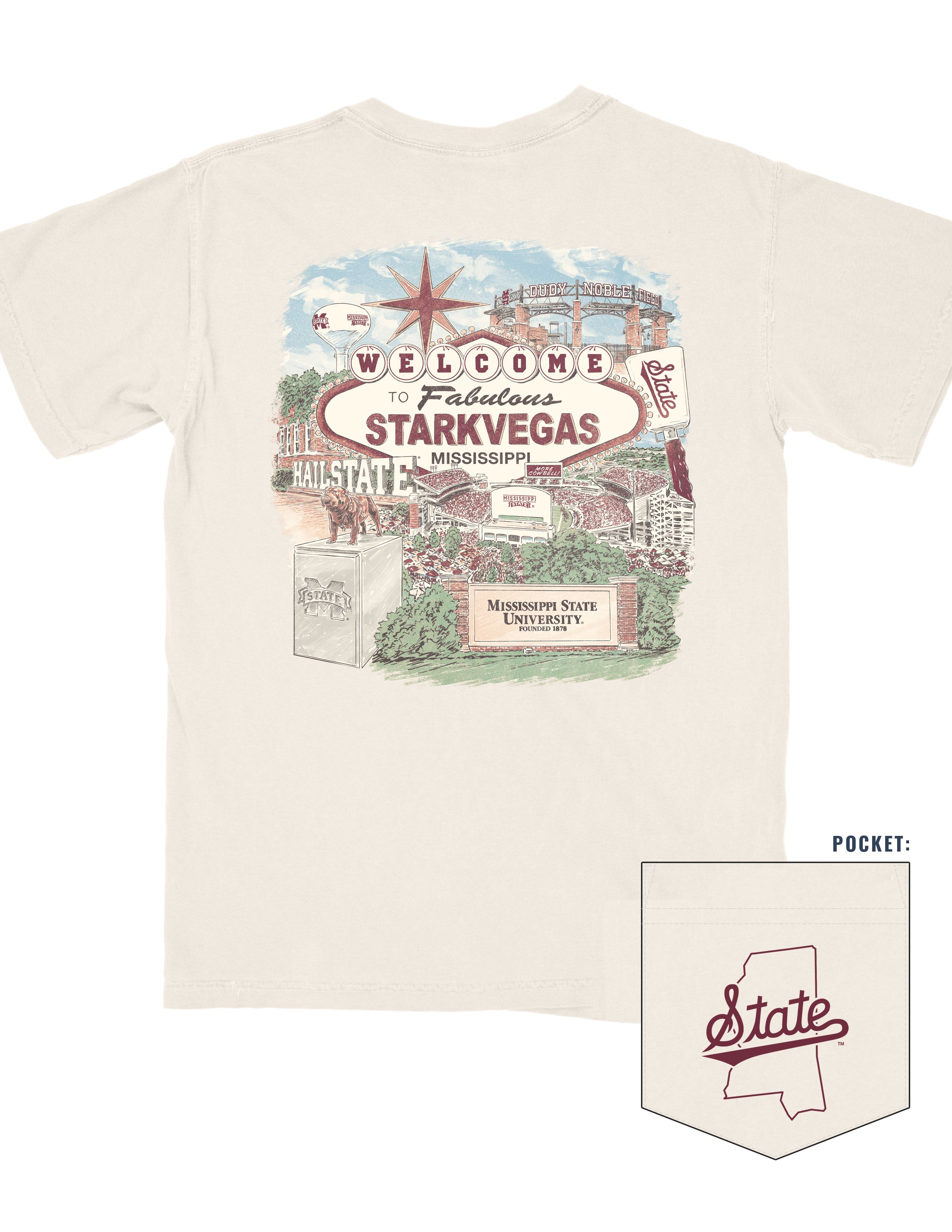 Beige t-shirt with 'Welcome to Fabulous Starkvegas, Mississippi' graphic and 'State' logo on pocket.