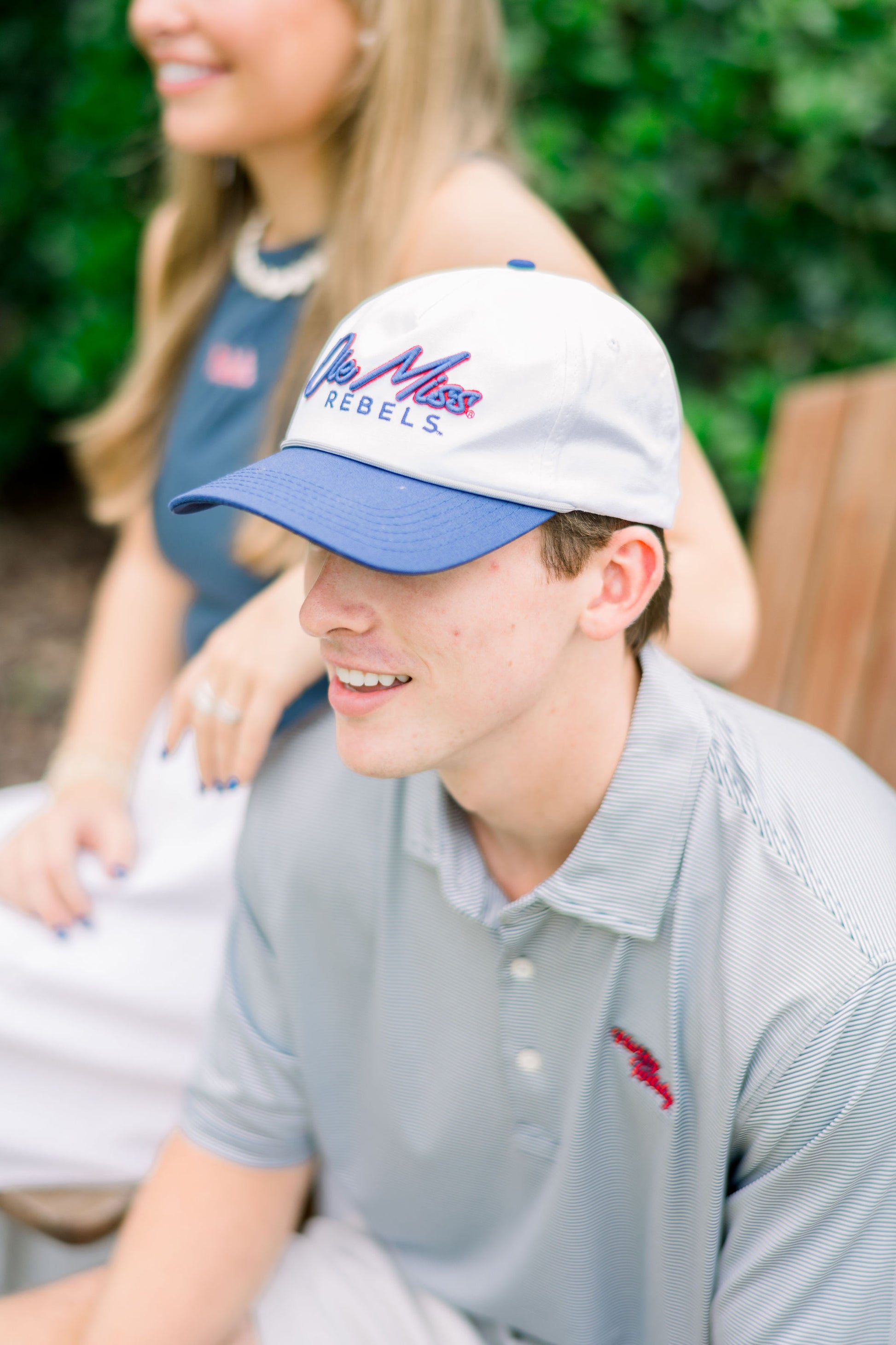 Ole Miss Navy Stripe Polo with Red “Hotty Toddy” Script Embroidery