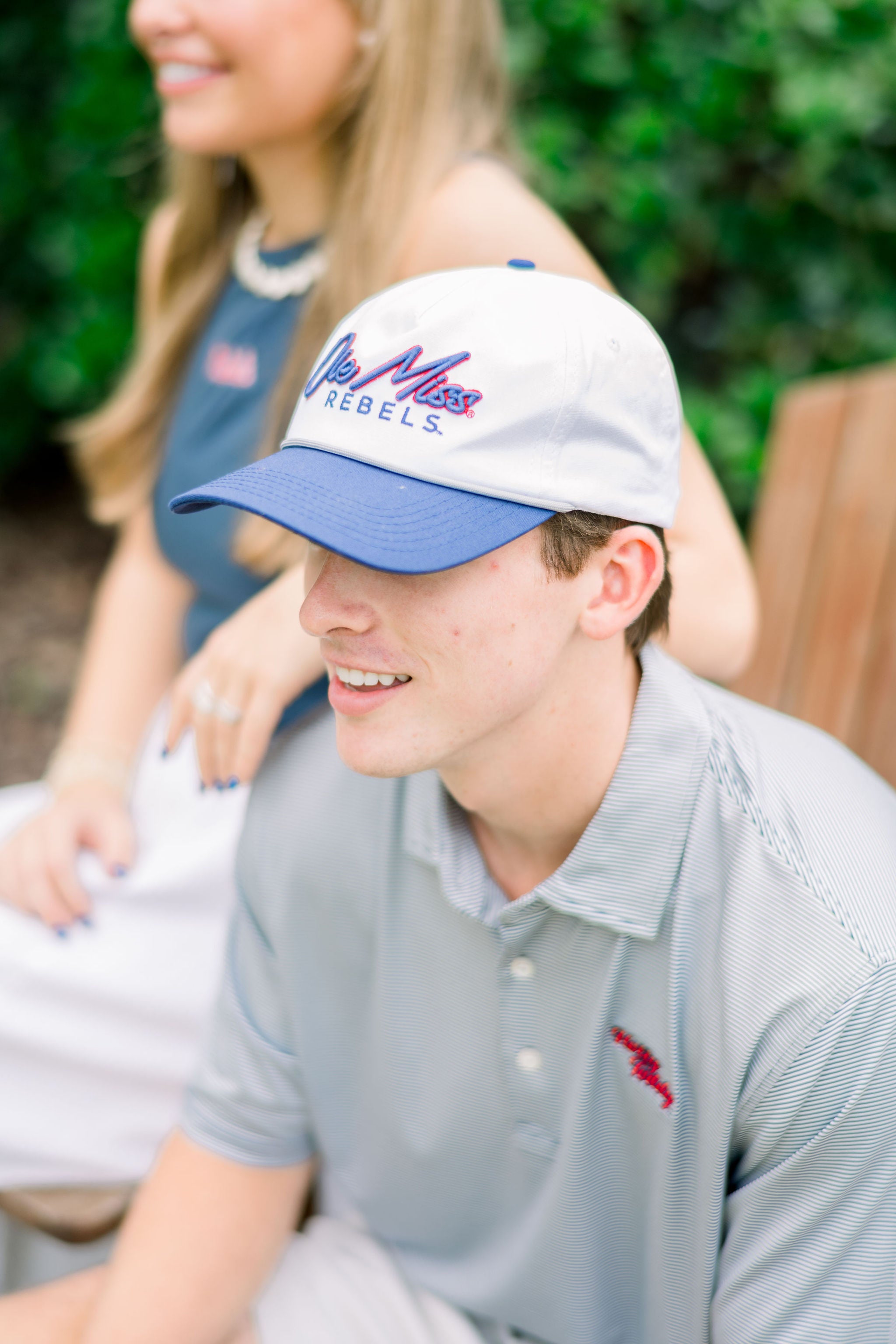 Ole Miss Navy Stripe Polo with Red “Hotty Toddy” Script Embroidery