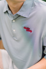 Ole Miss Navy Stripe Polo with Red “Hotty Toddy” Script Embroidery