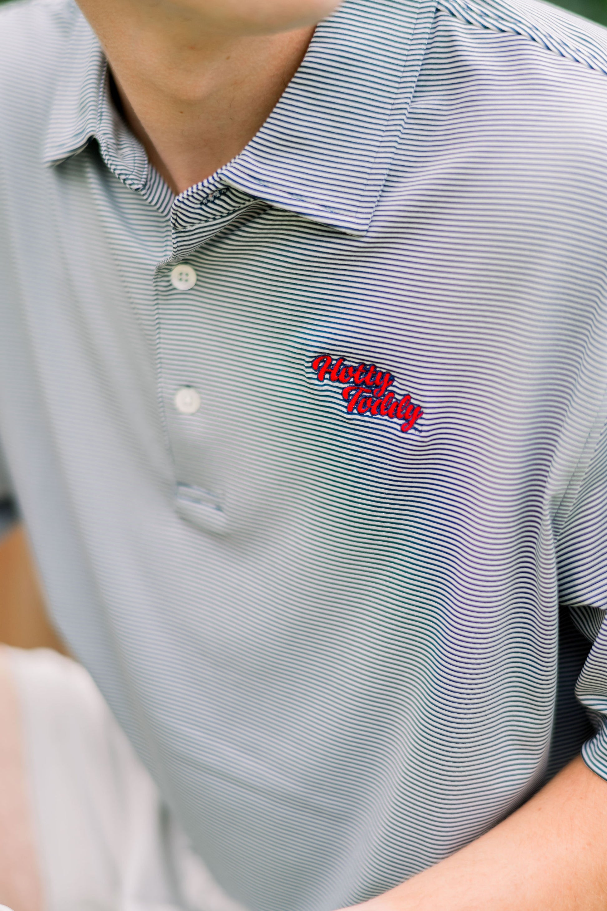 Ole Miss Navy Stripe Polo with Red “Hotty Toddy” Script Embroidery