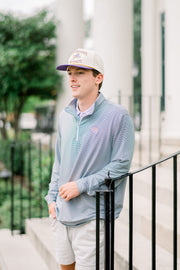 LSU Dark Grey Stripe ¼ Zip Pullover featuring embroidery of a roaring Yellow and Purple Tiger
