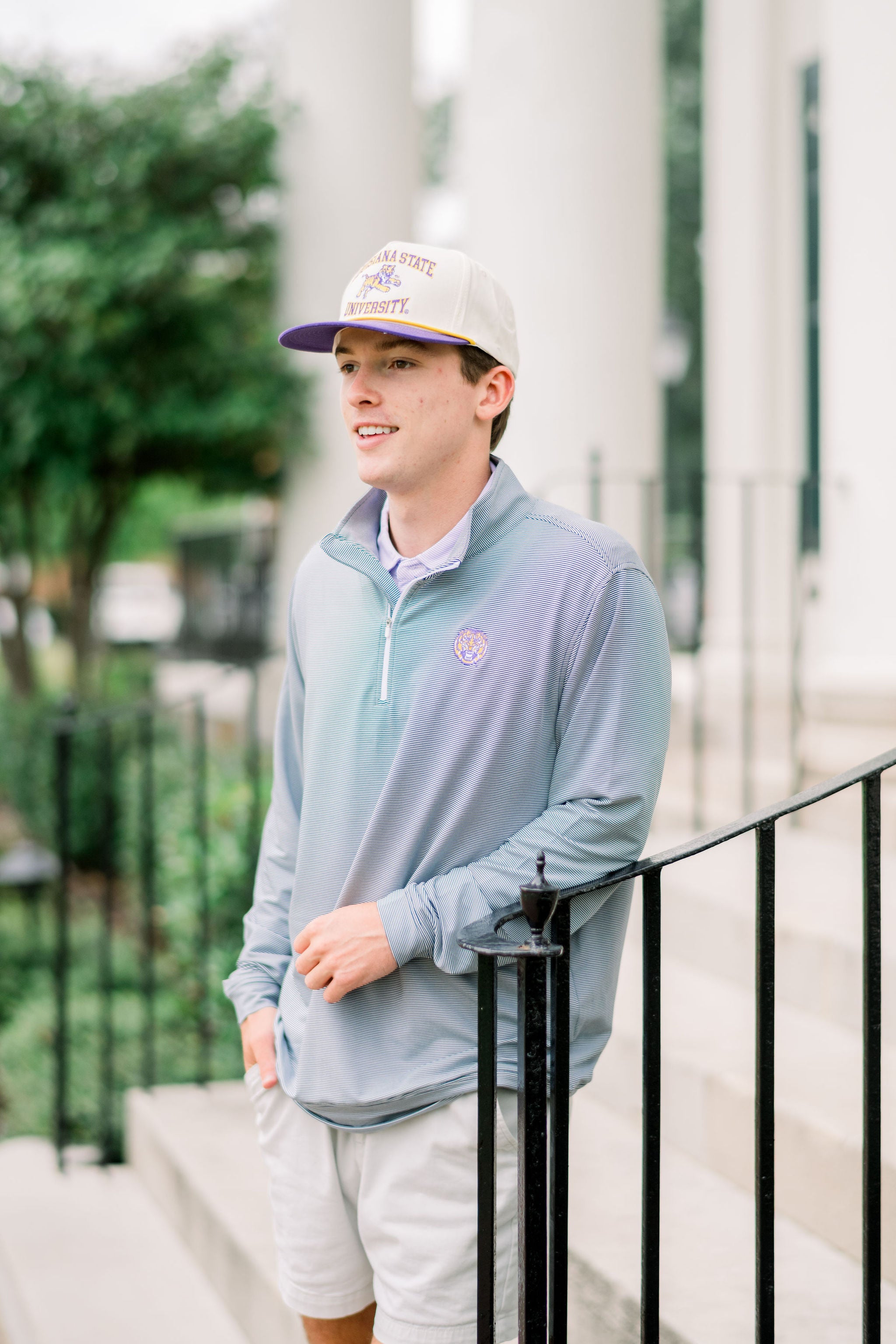 LSU Dark Grey Stripe ¼ Zip Pullover featuring embroidery of a roaring Yellow and Purple Tiger
