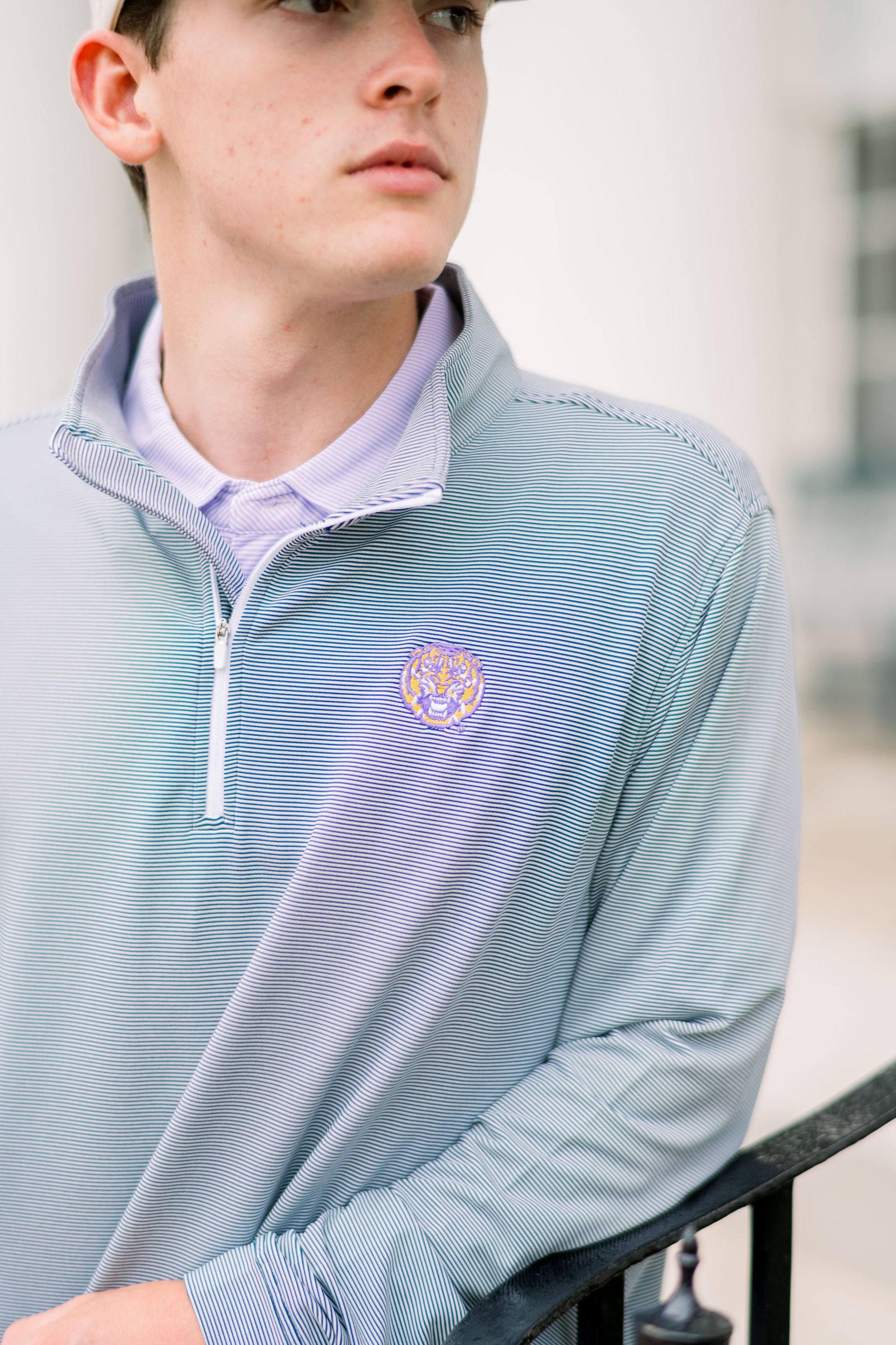 LSU Dark Grey Stripe ¼ Zip Pullover featuring embroidery of a roaring Yellow and Purple Tiger