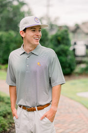 LSU Men’s Grey Stripe Polo with the Louisiana state outline embroidered on the chest