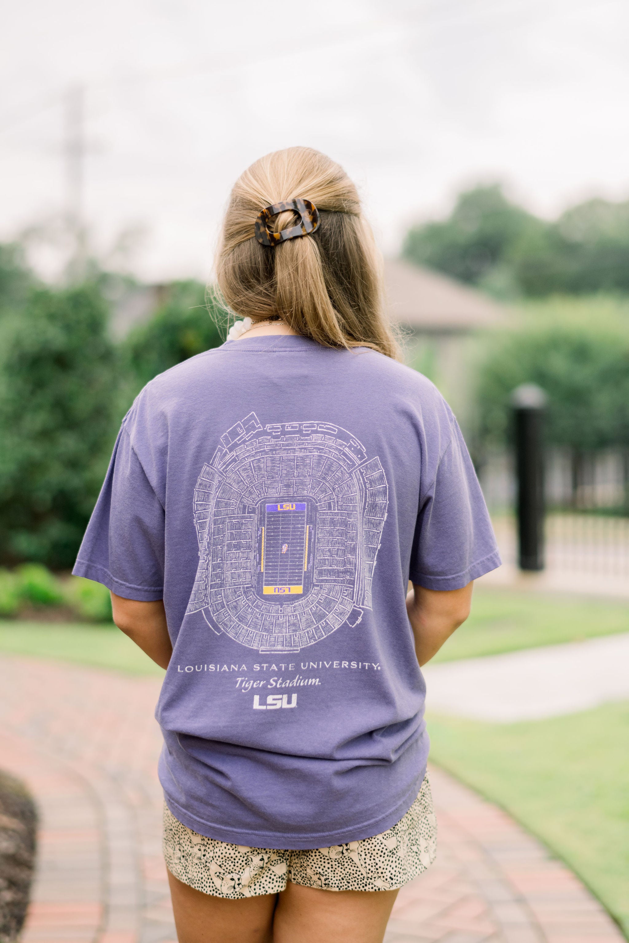 Louisiana State University Purple T-Shirt with an image of the Tiger Stadium Blueprint