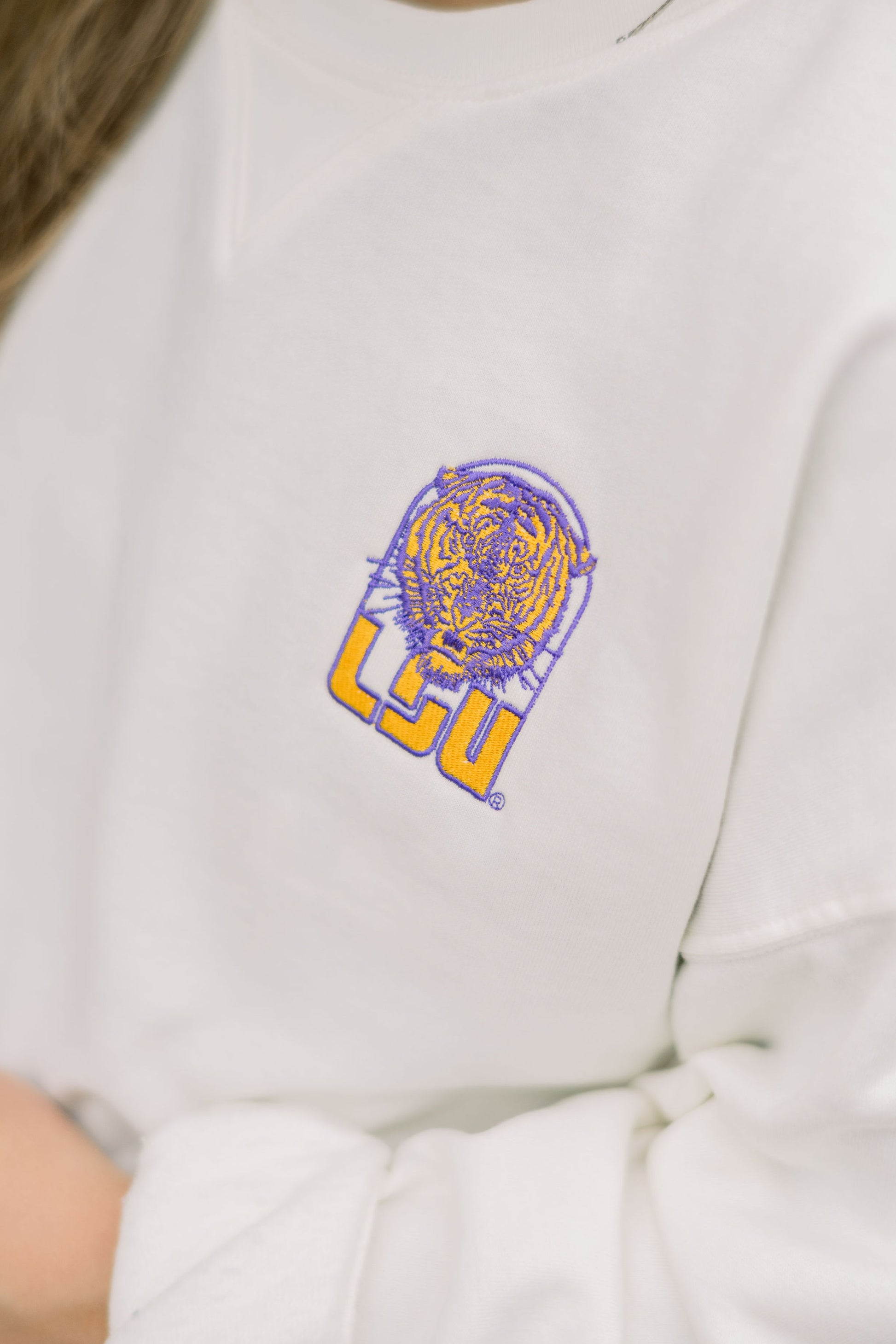 LSU Ivory Crewneck with LSU Tiger Logo embroidery