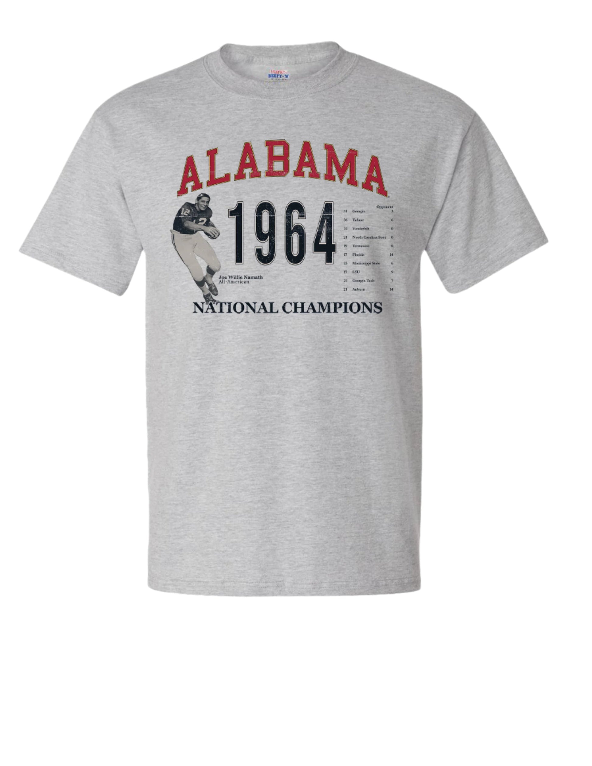 University of Alabama 1964 National Champions Light Grey Comfort Colors T-Shirt with an image of an Alabama Football player 