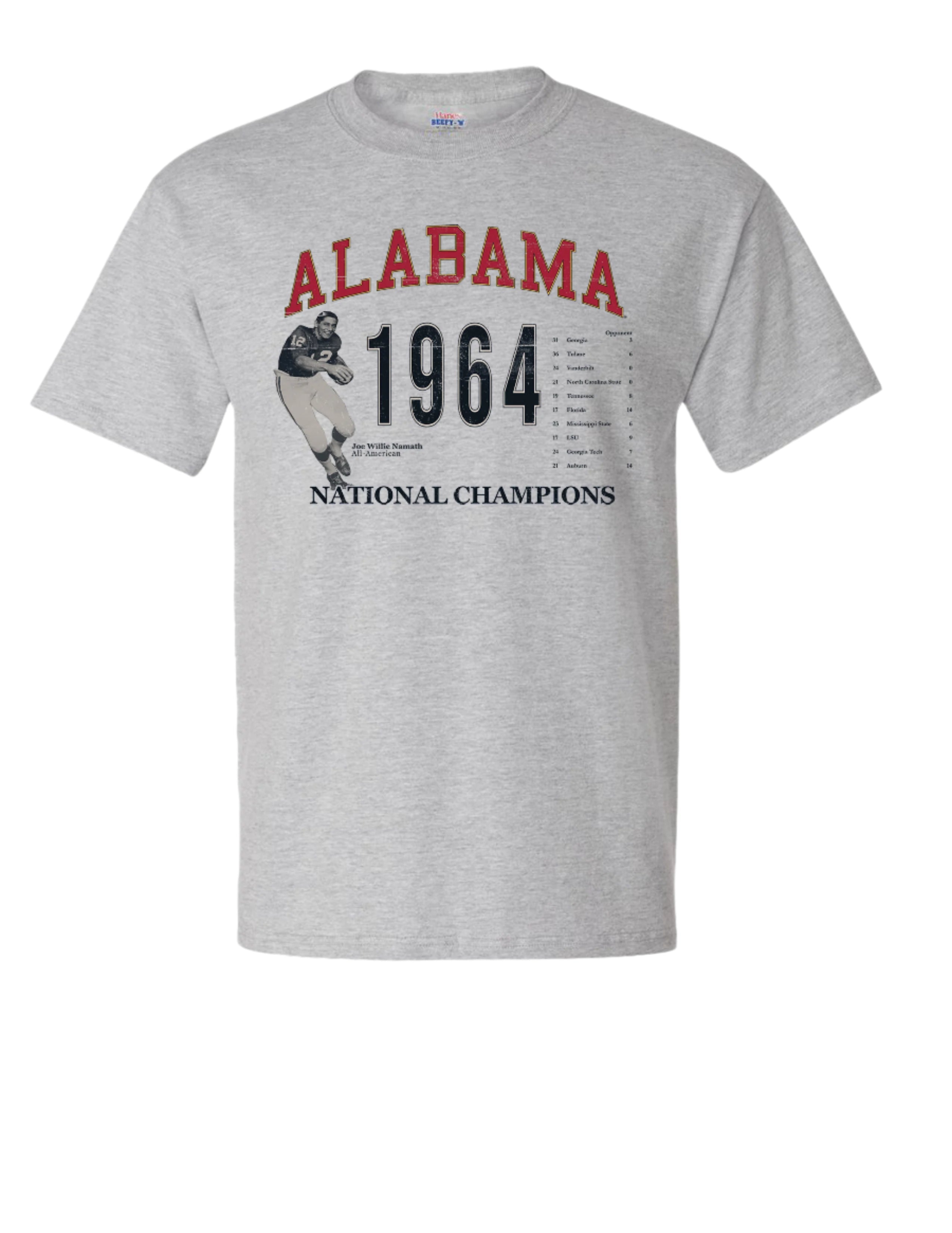 University of Alabama 1964 National Champions Light Grey Comfort Colors T-Shirt with an image of an Alabama Football player 