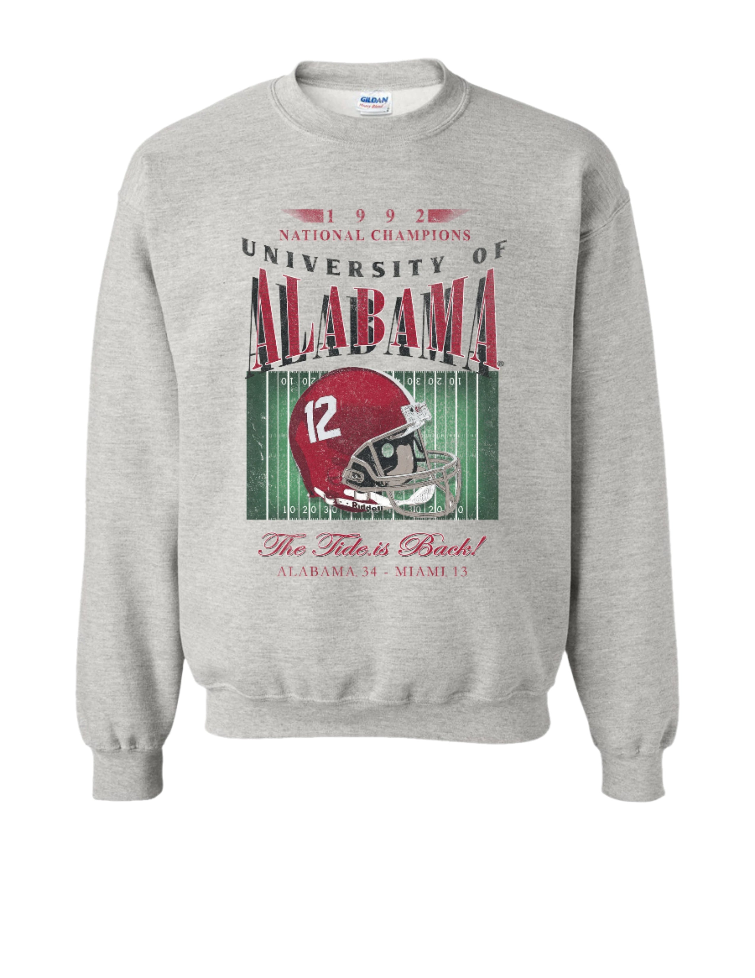 University of Alabama 1992 National Champions Gildan Ash  Sweatshirt  with a graphic print of a football helmet and the text '1992 National Champions UNIVERSITY OF ALABAMA'.