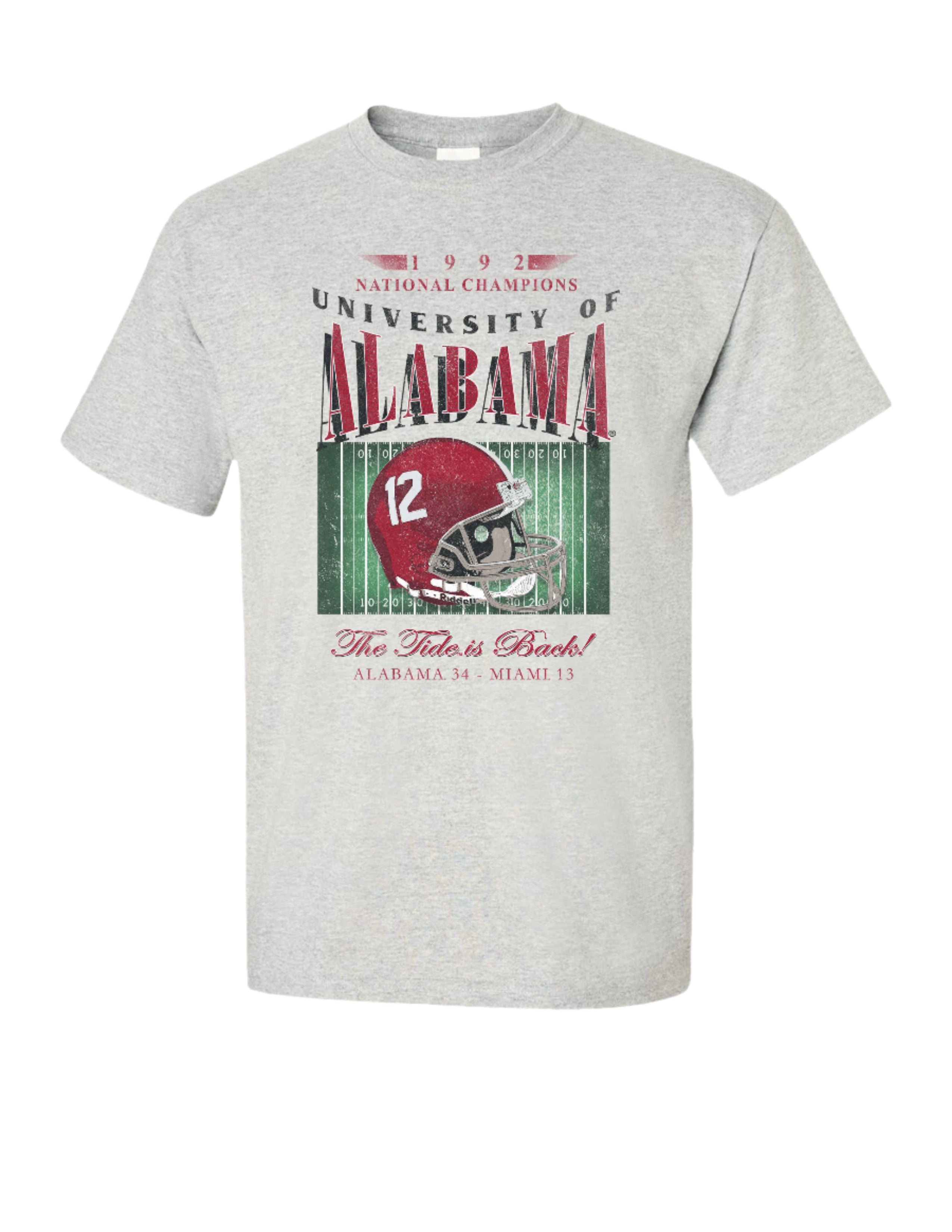 University of Alabama 1992 National Champions Comfort Colors Grey T-Shirt  with a graphic print of a football helmet and the text '1992 National Champions UNIVERSITY OF ALABAMA'.