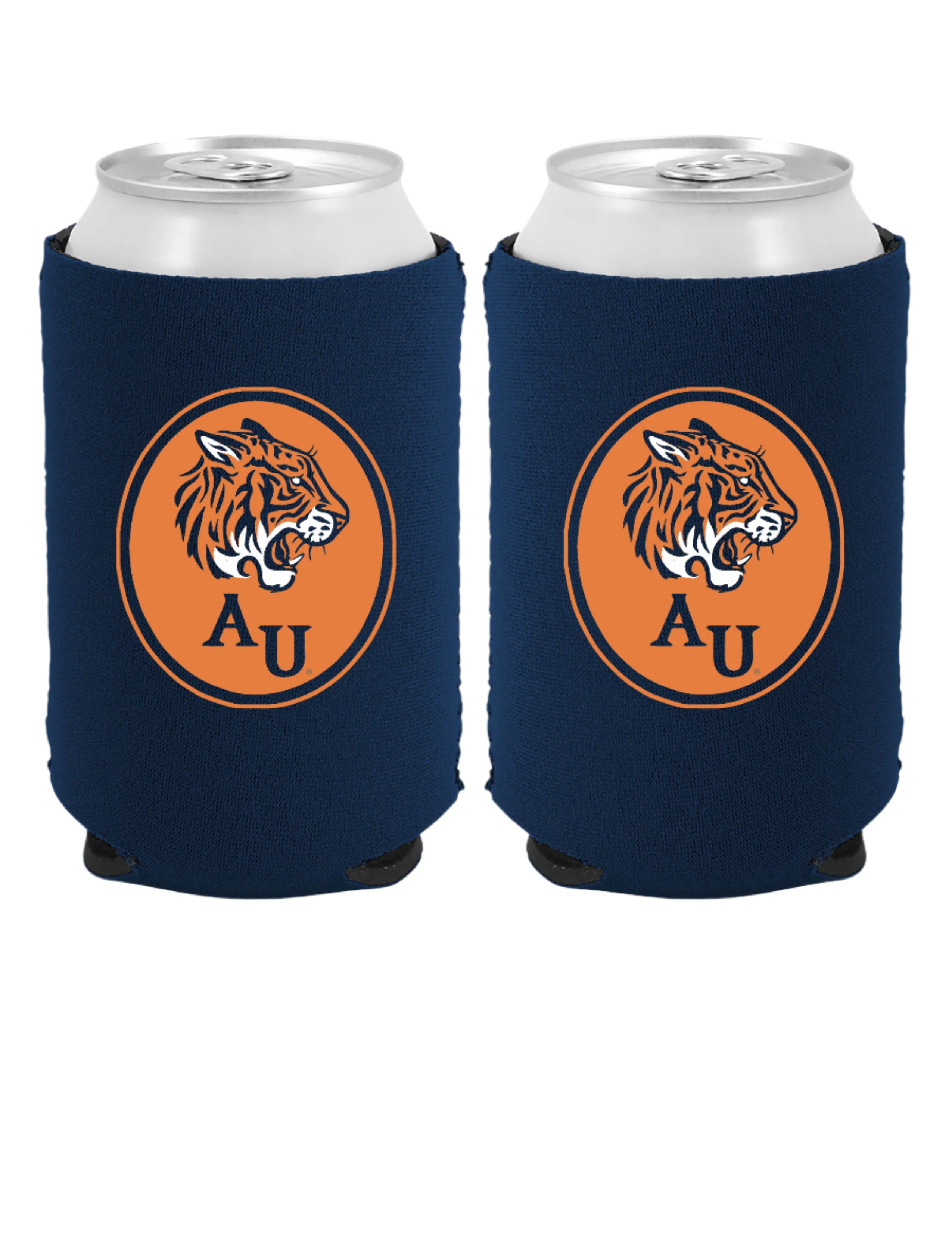 Auburn University AU Tiger Seal Koozie  Navy Neoprene Koozie withe an image of the Auburn Tiger above the letters AU 