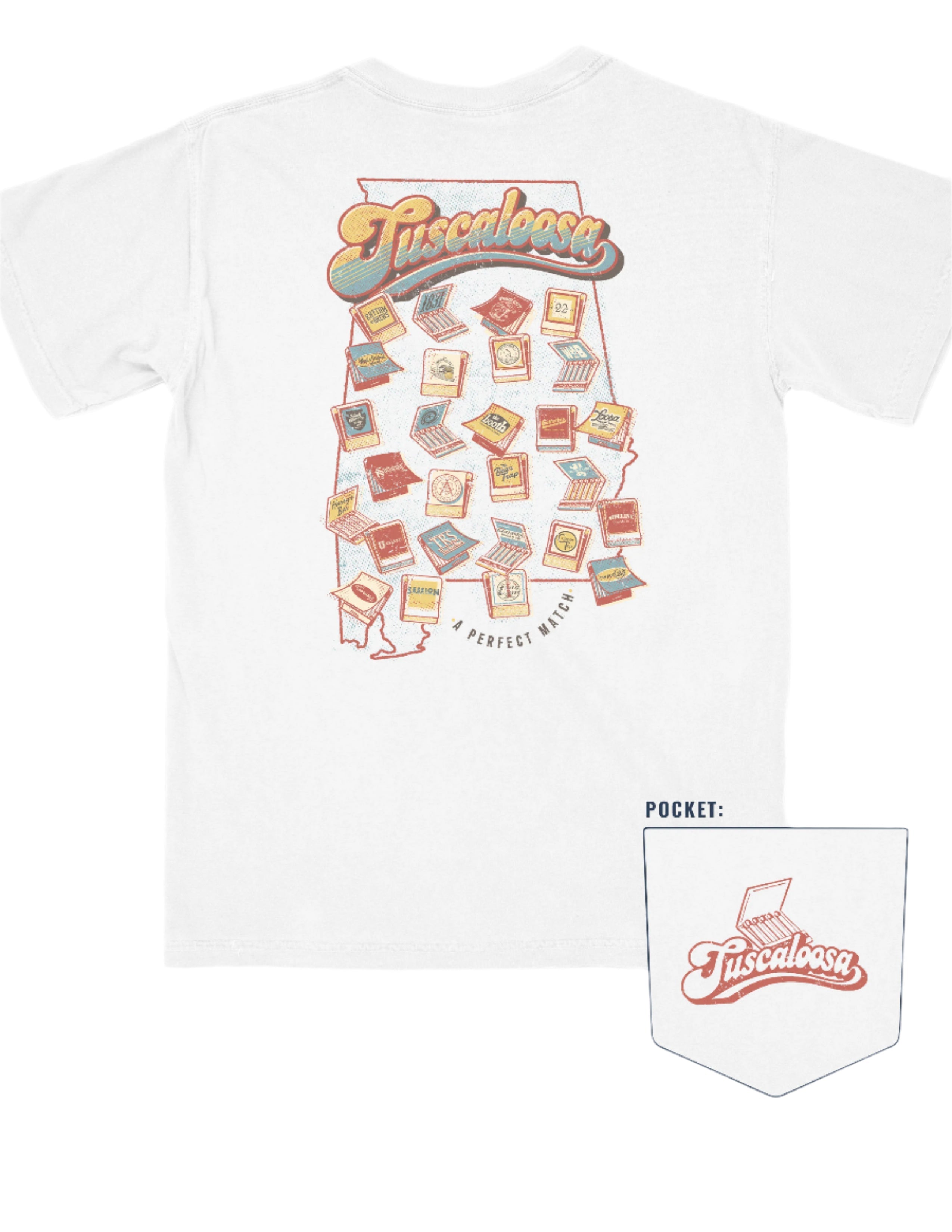A Perfect Match White Comfort Colors T-Shirt  with the text "Tuscaloosa" and images of matchbooks inside of an outline of the state of Alabama and smaller text reading "A PERFECT MATCH" outside the outline 