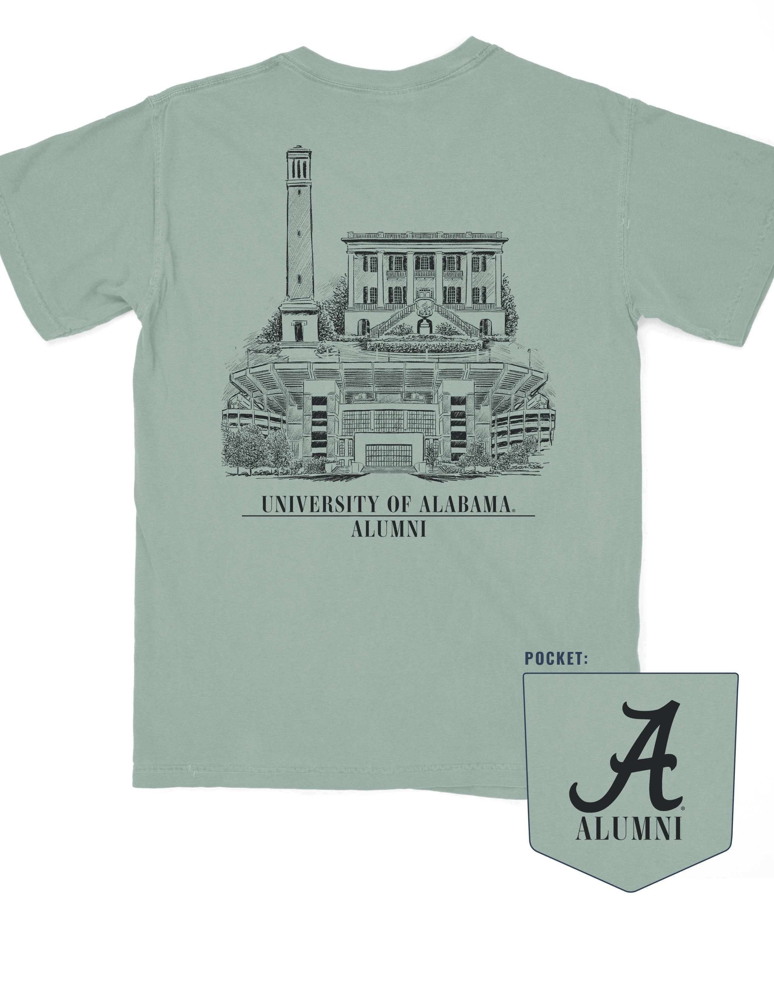Alabama Alumni Green Comfort Colors T-Shirt with a graphic of Bryant-Denny Stadium, the President's Mansion, and Denny Chimes, and the text 'UNIVERSITY OF ALABAMA ALUMNI'.
