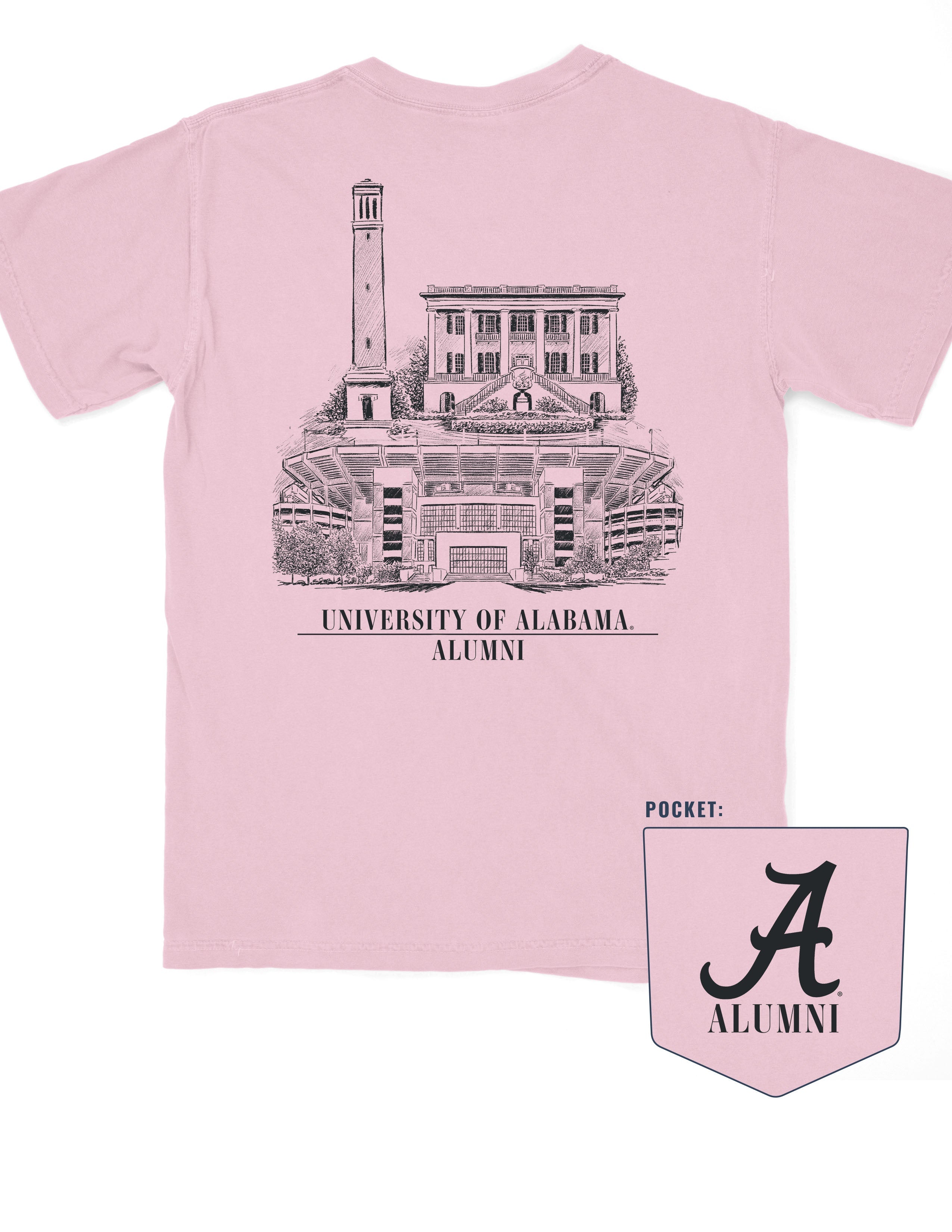 University of Alabama Alabama Alumni pink Comfort Colors T-Shirt with a graphic of Bryant-Denny Stadium, the President's Mansion, and Denny Chimes, and the text 'UNIVERSITY OF ALABAMA ALUMNI'.