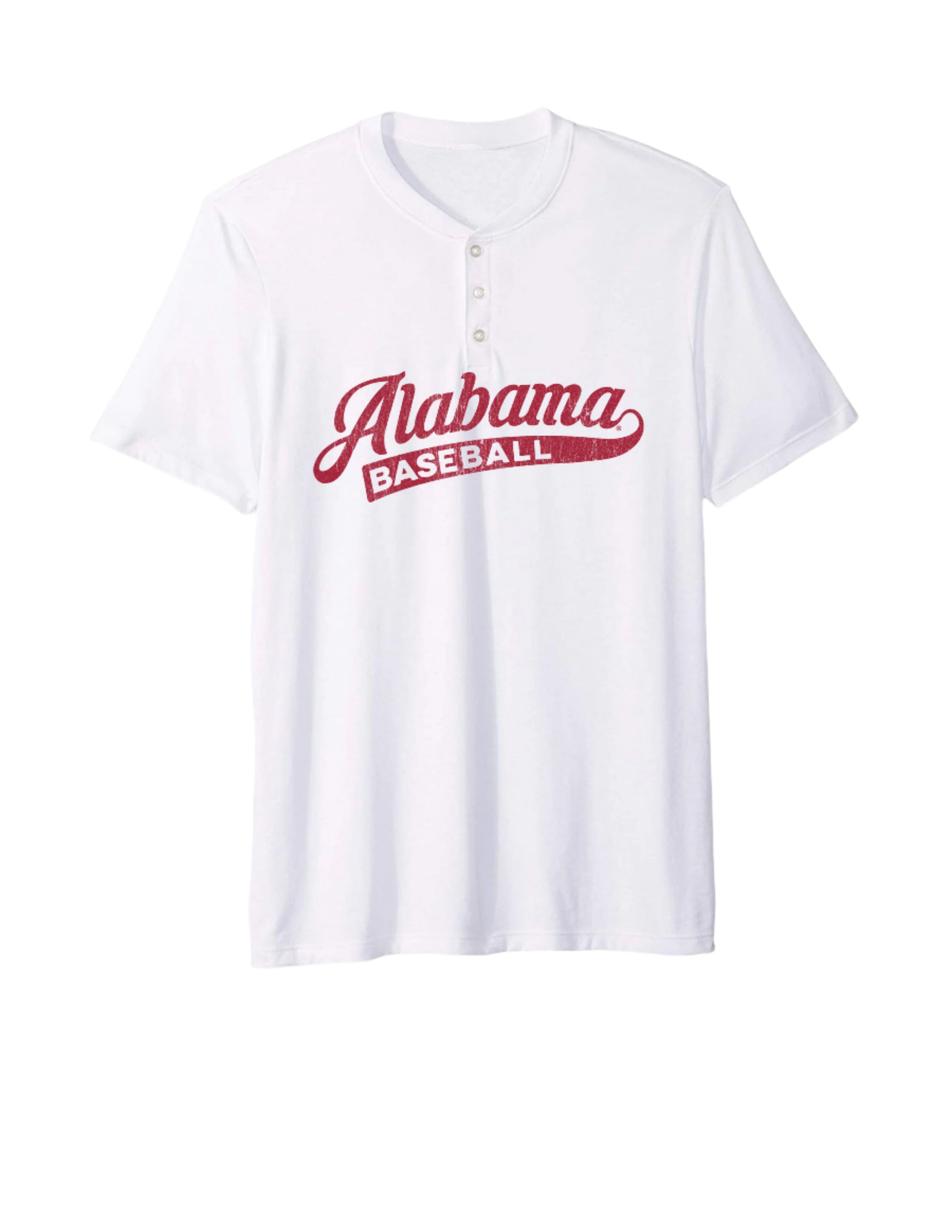 University of Alabama Alabama Baseball Henley Shirt White with script "Alabama" and text "BASEBALL" in the script tail