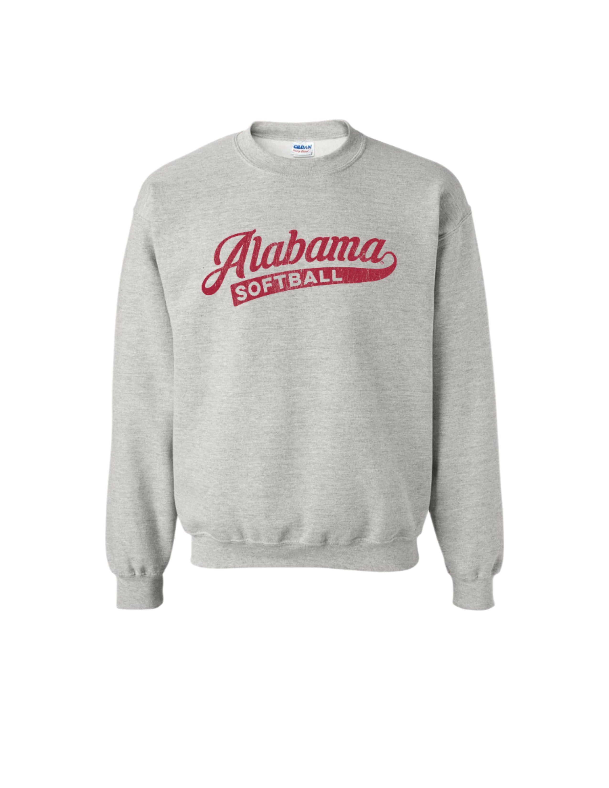 University of Alabama Alabama Softball Gildan Grey Crewneck with the Red script "Alabama" and White text "SOFTBALL" inside the script tail