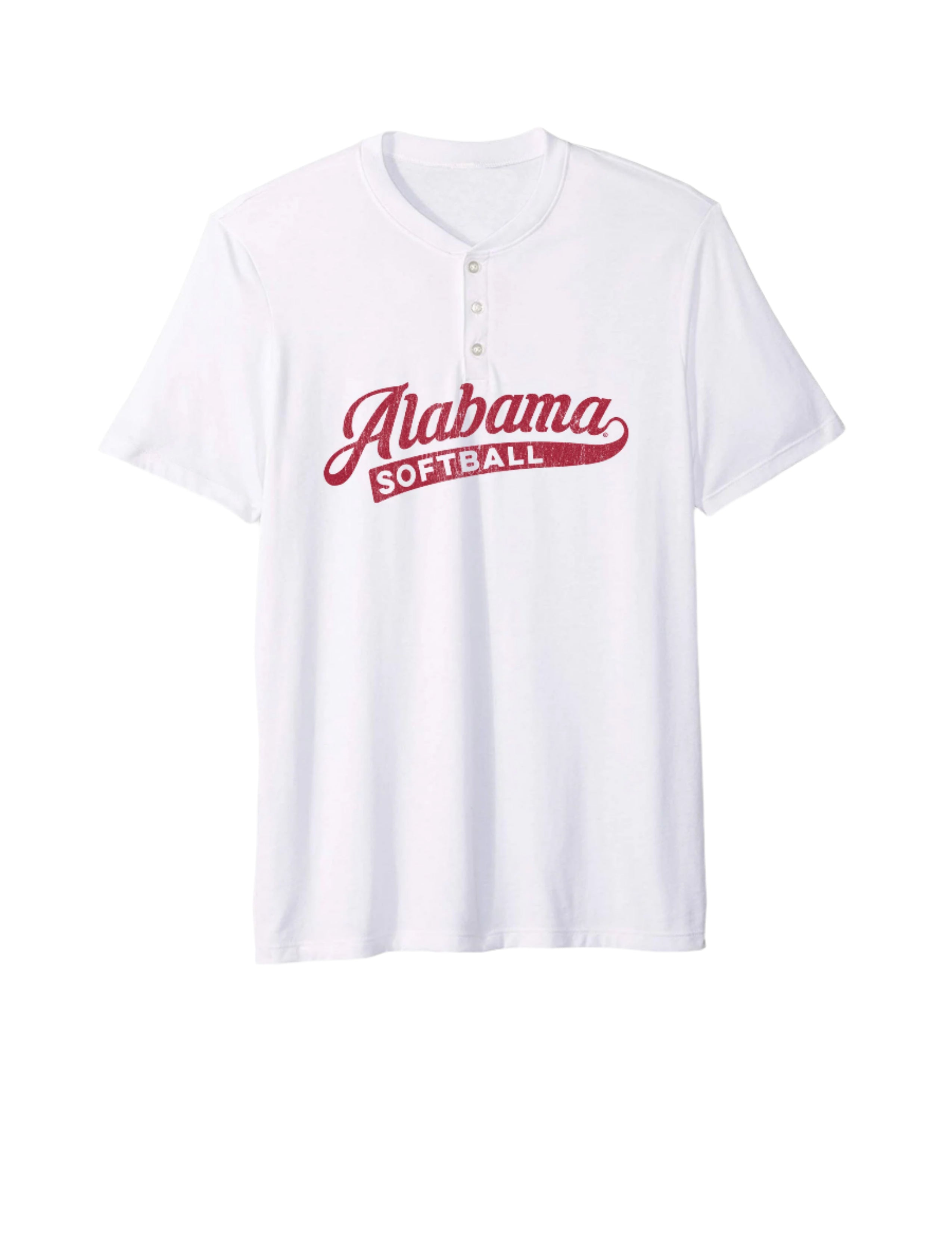 University of Alabama Alabama Softball  White Henley Startee CVC with the Red script "Alabama" and White text "SOFTBALL" inside the script tail