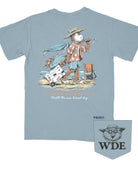 Auburn University Aubie Beach Ice Blue Comfort Colors T-Shirt with an image of Aubie the Tiger in beach clothes carrying an umbrella dragging a cooler across the sand