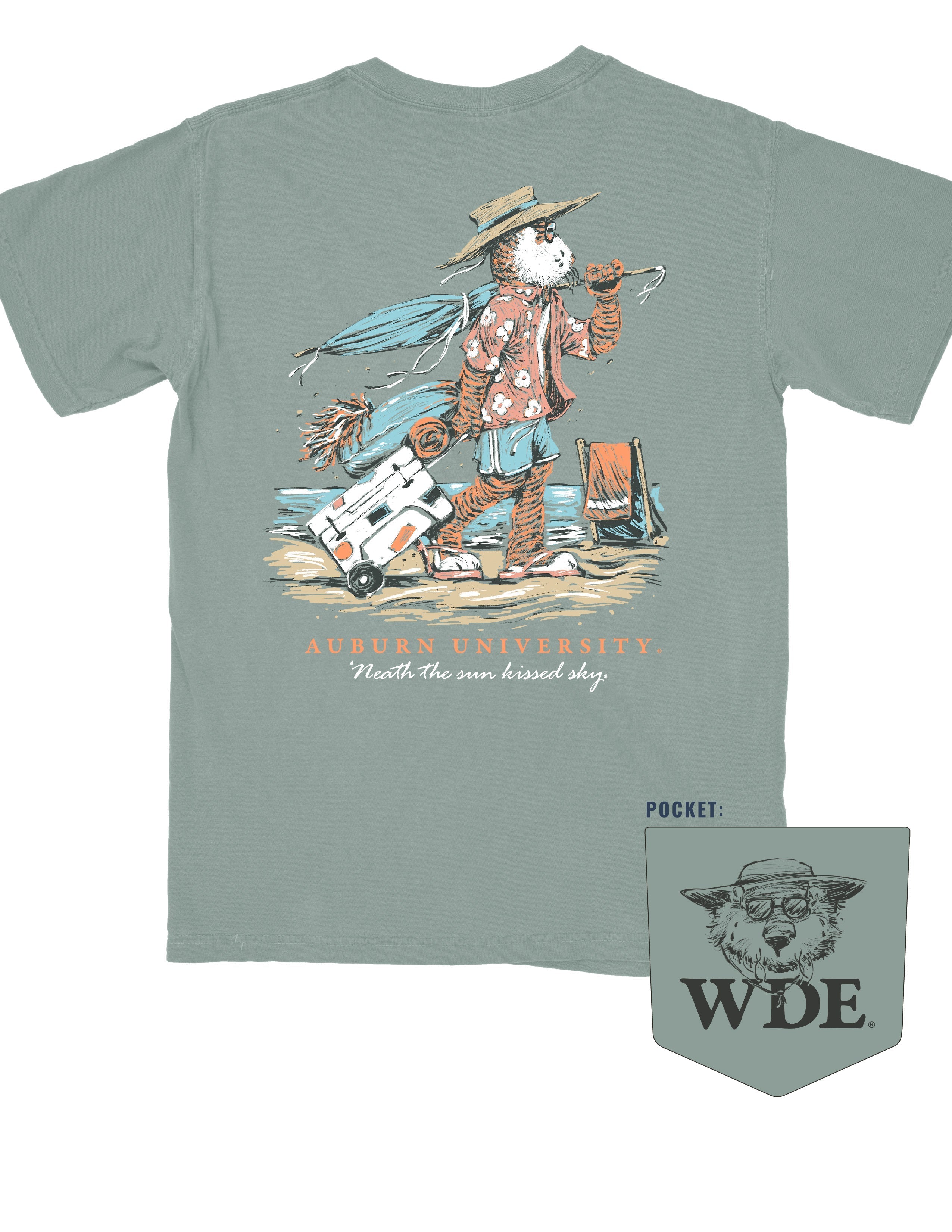 Auburn University Aubie Beach Green Comfort Colors T-Shirt with an image of Aubie the Tiger in beach clothes carrying an umbrella dragging a cooler across the sand