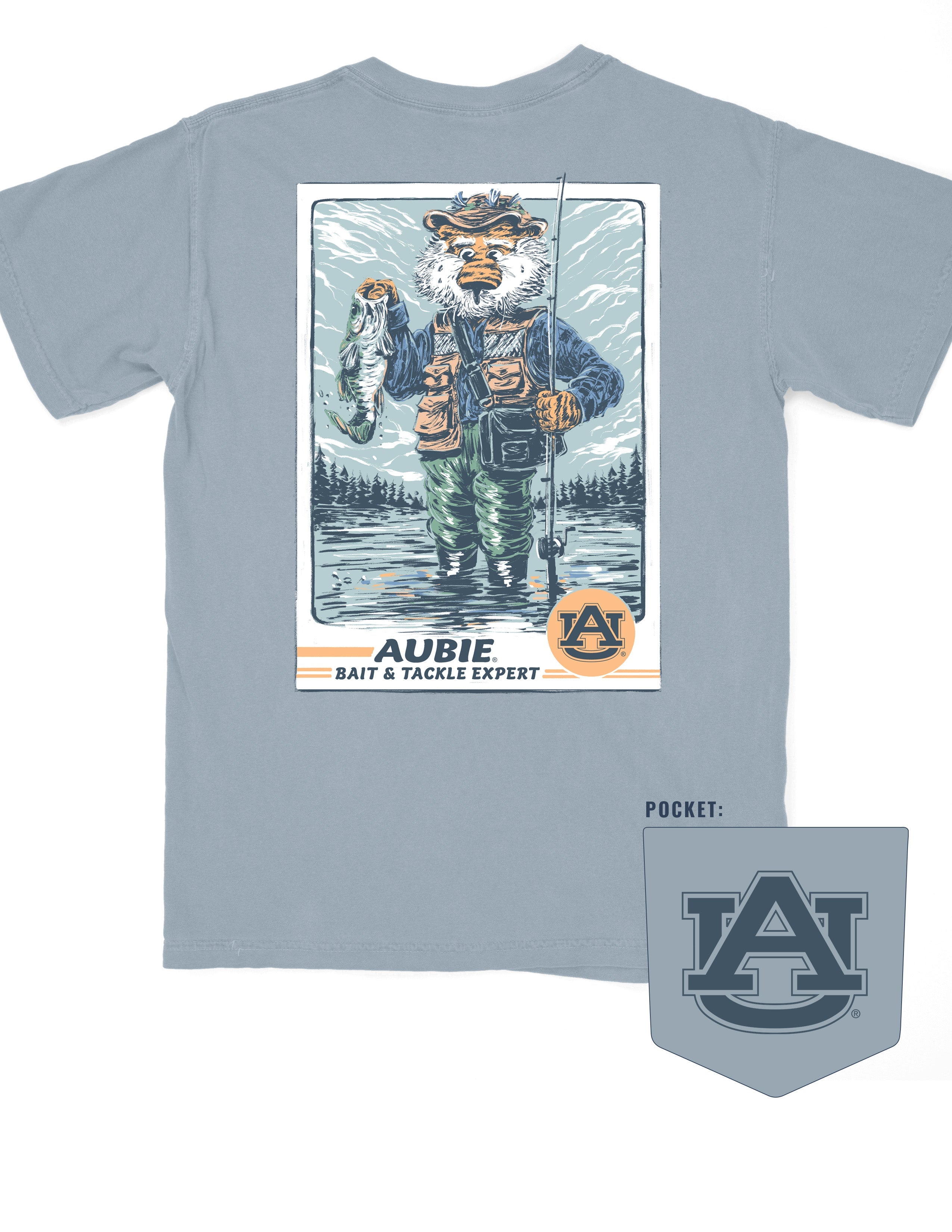 Auburn University Aubie Fishing Comfort Colors Ice Blue T-Shirt with image of Aubie standing in fishing boat holding a fishing pole