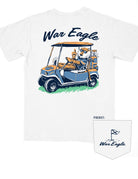 Auburn University Aubie Golf Cart White Comfort Colors T-Shirt  with the text "War Eagle" above an image of Aubie the Tiger wearing sunglasses and driving a golf cart