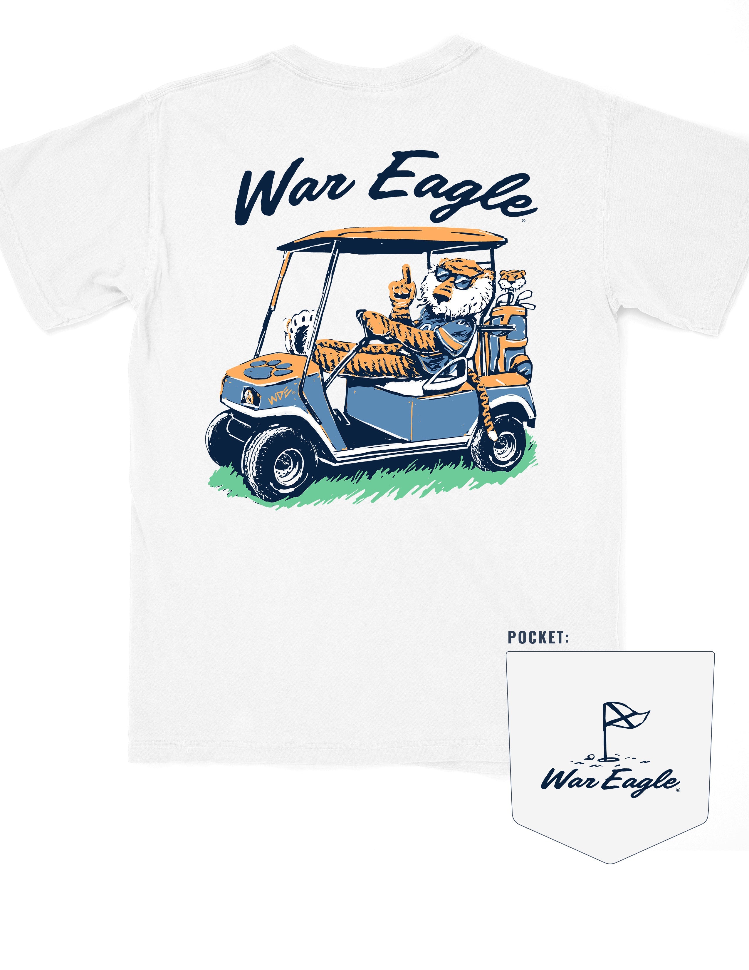 Auburn University Aubie Golf Cart White Comfort Colors T-Shirt  with the text "War Eagle" above an image of Aubie the Tiger wearing sunglasses and driving a golf cart