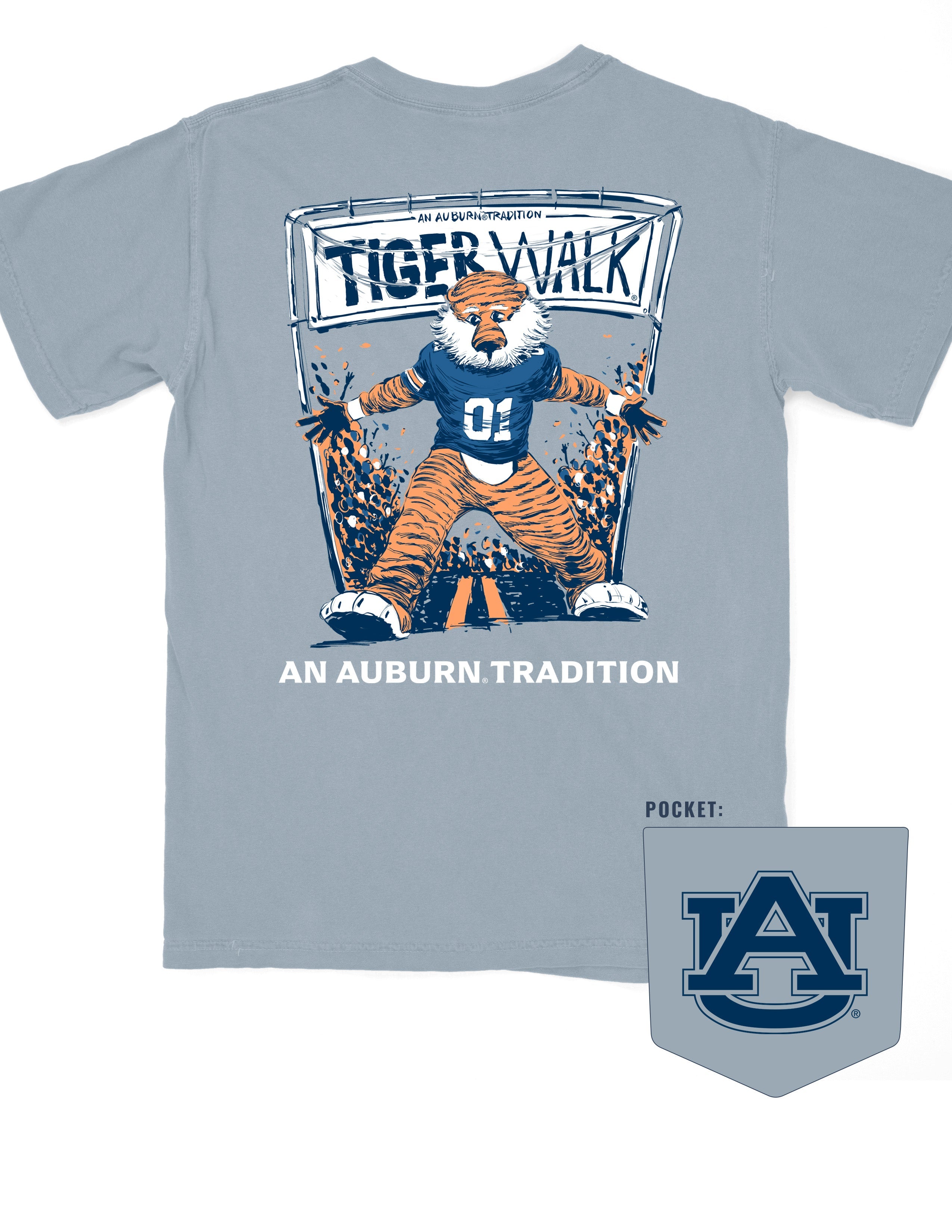 Auburn University Aubie Tiger Walk Ice Blue Comfort Colors T-Shirt with an image of Aubie the Tiger leading a parade under a banner with the text "Tiger Walk"
