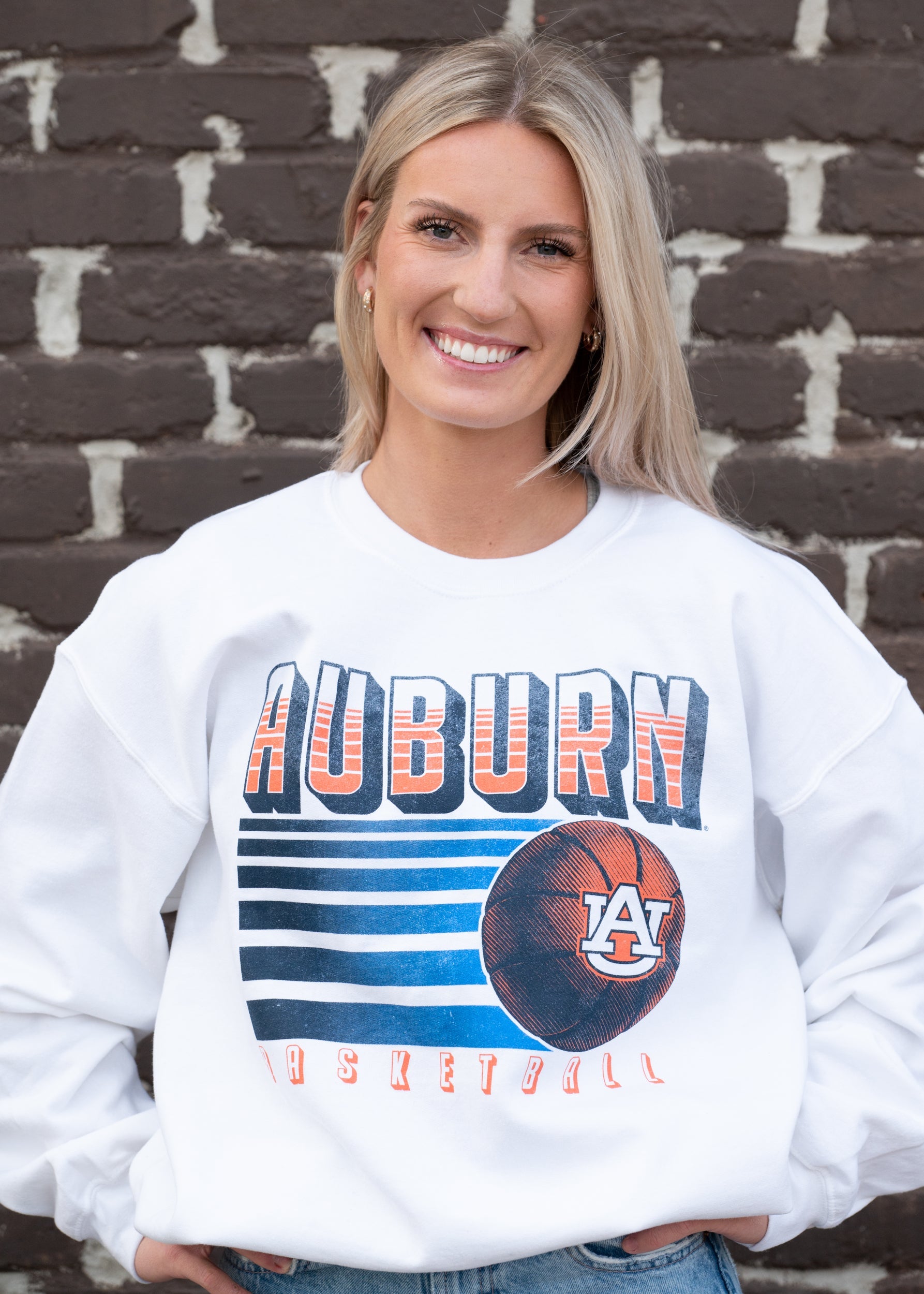 Auburn University Auburn Basketball Vintage Grey Gildan Sweatshirt with retro style Orange text "Auburn" and an image of a basketball with the AU Logo 