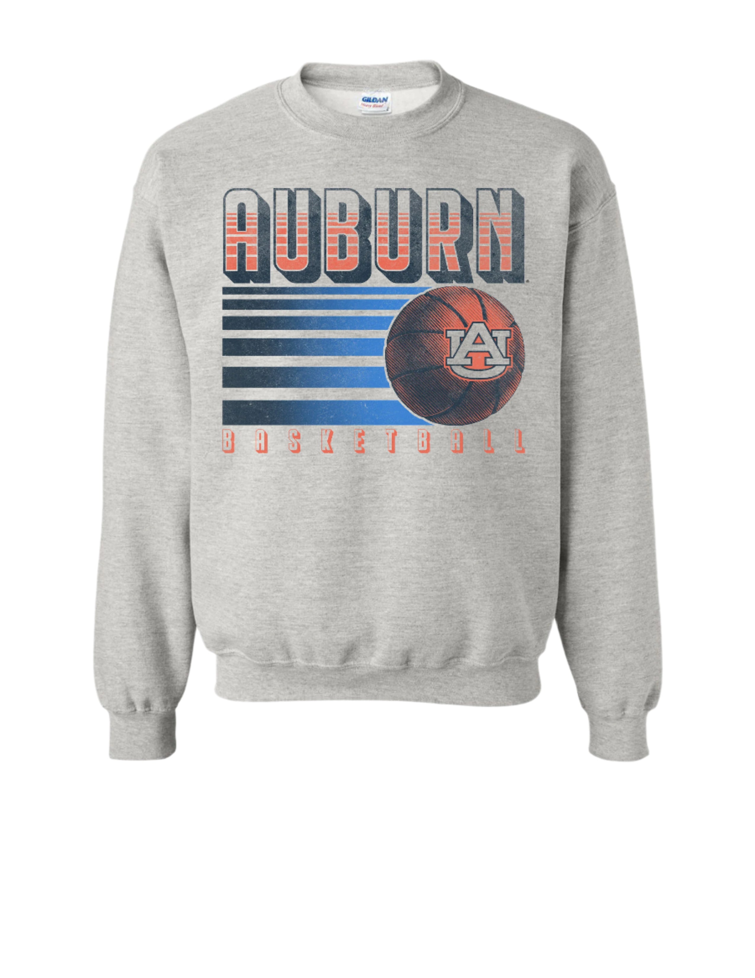 Auburn University Auburn Basketball Vintage Grey Gildan Sweatshirt with retro style Orange text "Auburn" and an image of a basketball with the AU Logo