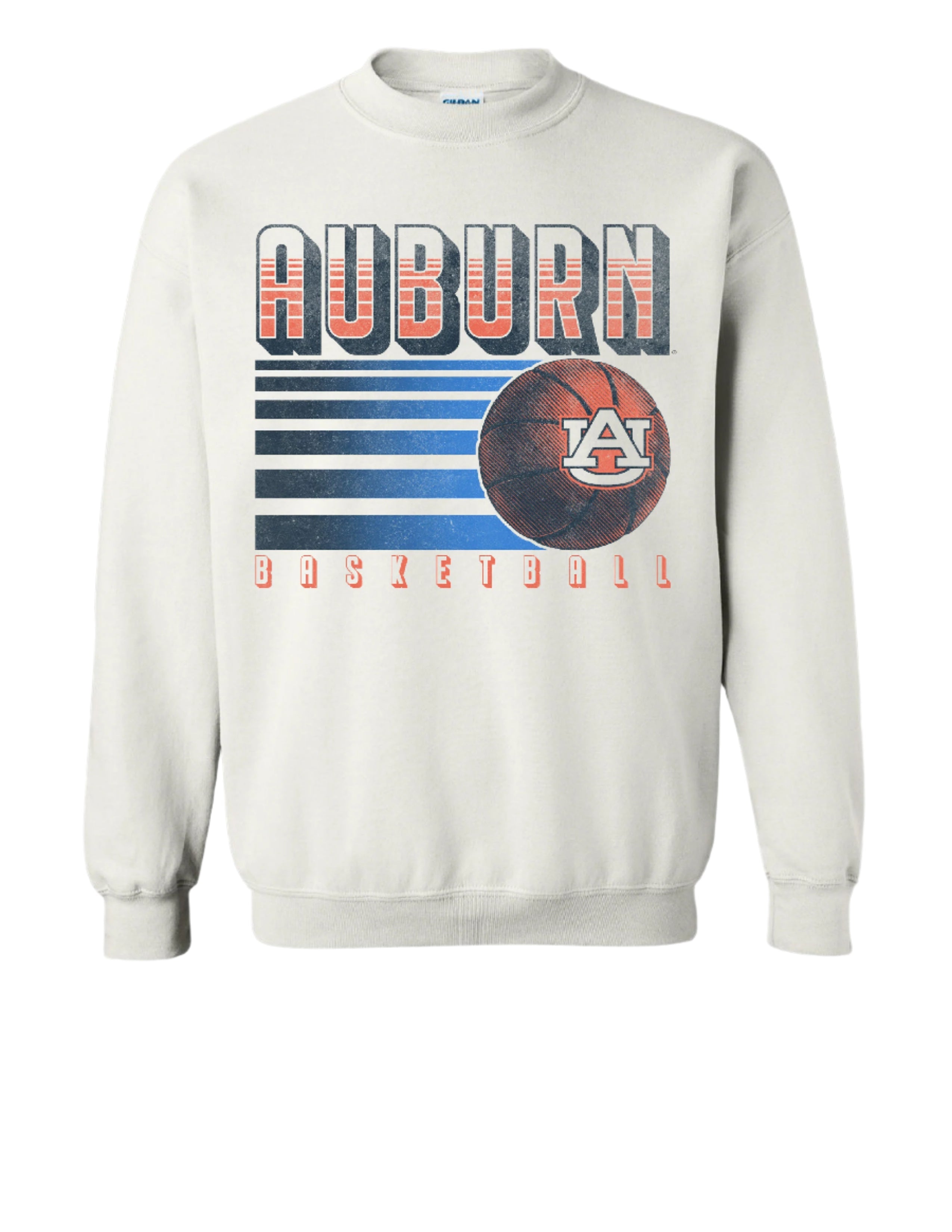 Auburn University Auburn Basketball Vintage White Gildan Sweatshirt with retro style Orange text "Auburn" and an image of a basketball with the AU Logo