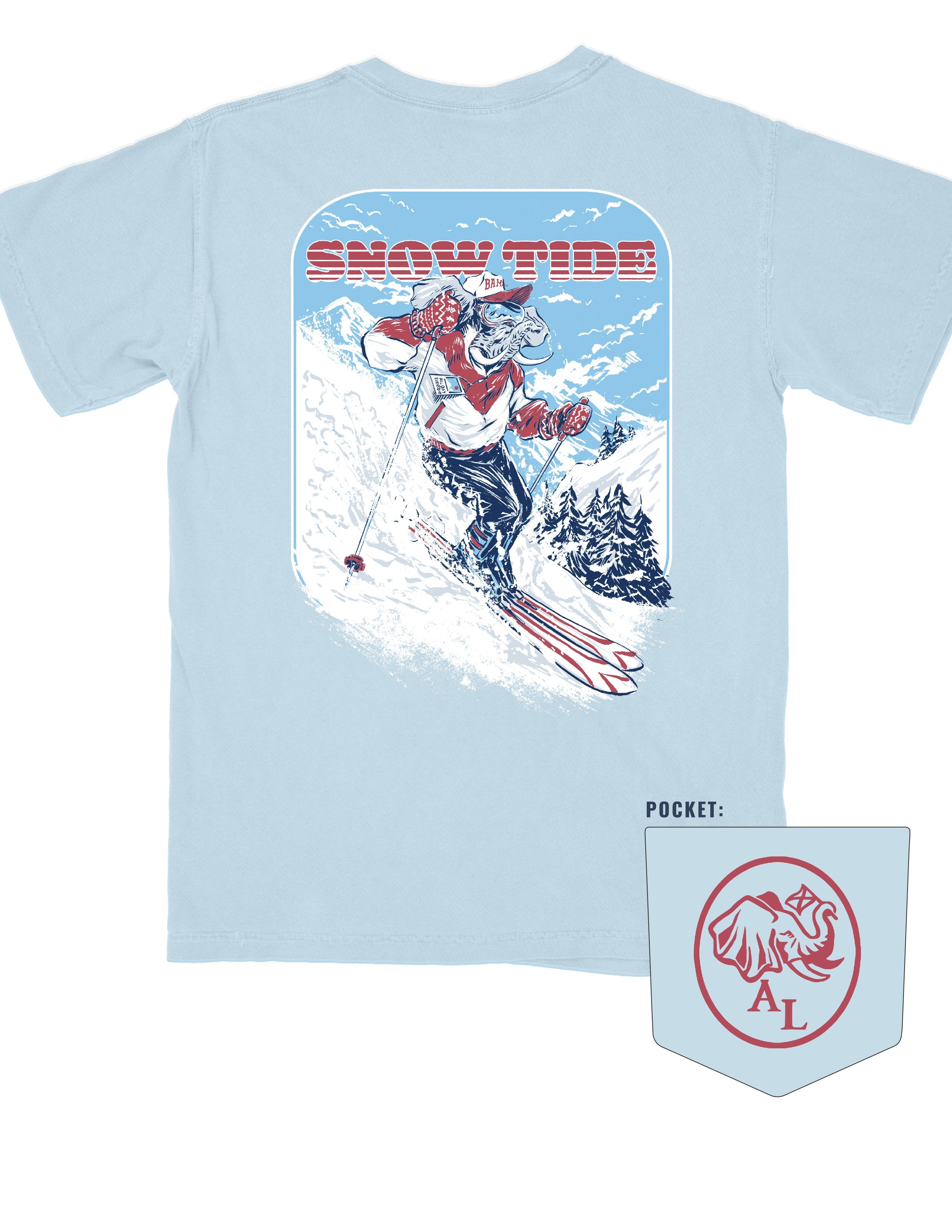 University of Alabama Big Al Snow Skiing Chambray Comfort Colors T-Shirt with text "Snow Tide" above an image of Big Al in a ski outfit skiing down a snow-covered mountain
