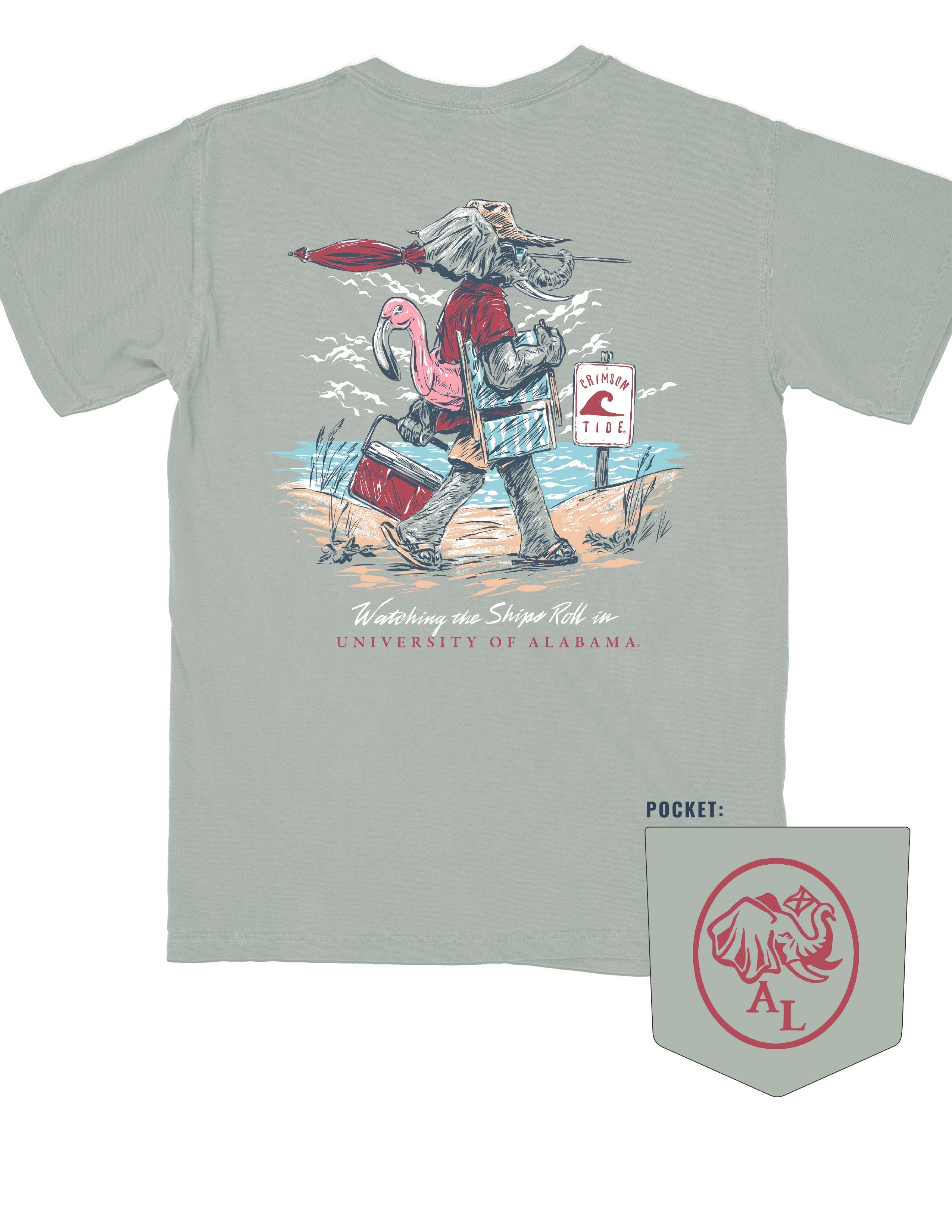 University of Alabama Big Al Beach Bay Comfort Colors T-Shirt with an image of Big Al in beach clothes carrying an umbrella dragging a cooler across the sand