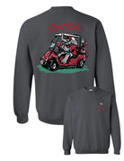 University of Alabama Big Al Golf Cart Charcoal Gildan Sweatshirt with the text "Roll Tide" above an image of Big Al wearing sunglasses and driving a golf cart