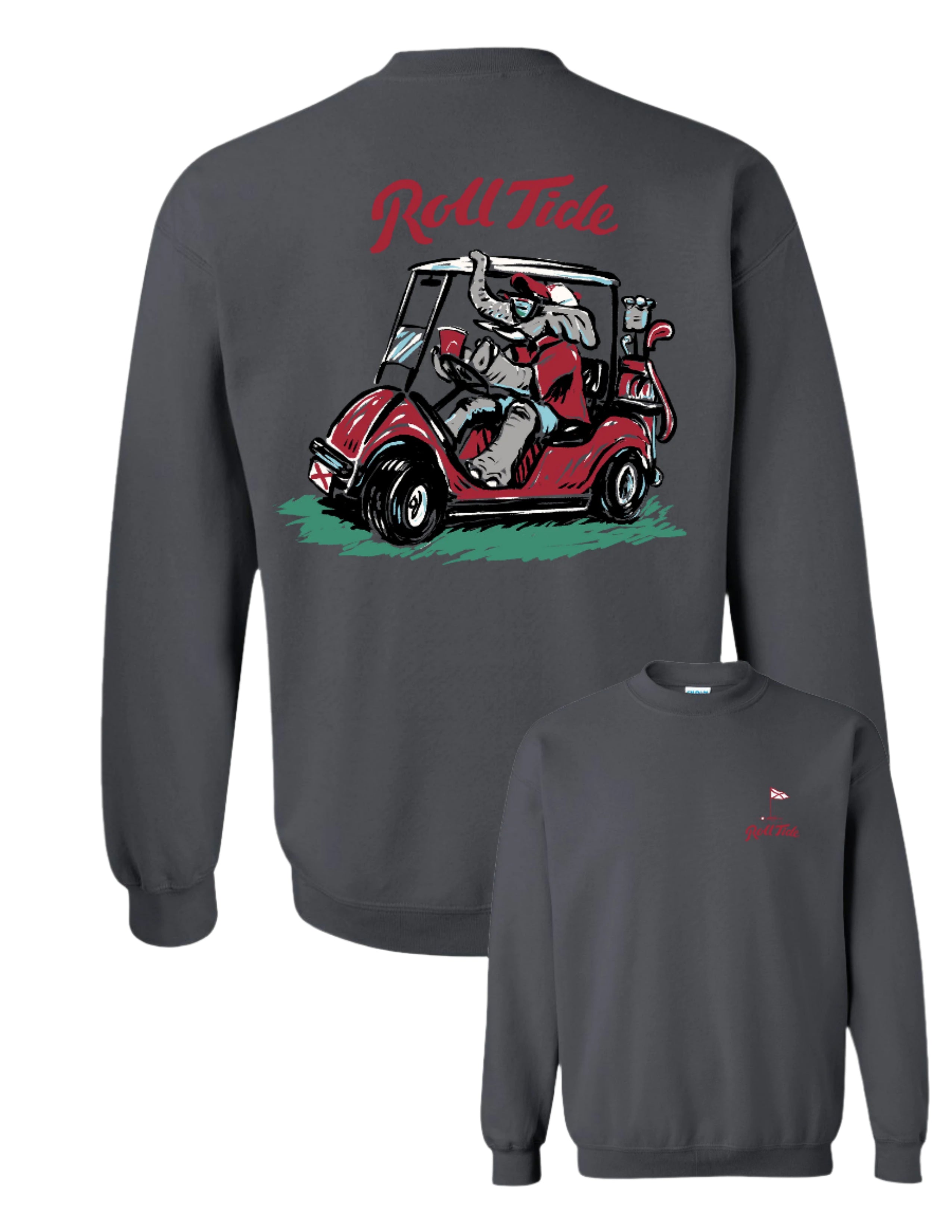 University of Alabama Big Al Golf Cart Charcoal Gildan Sweatshirt with the text "Roll Tide" above an image of Big Al wearing sunglasses and driving a golf cart