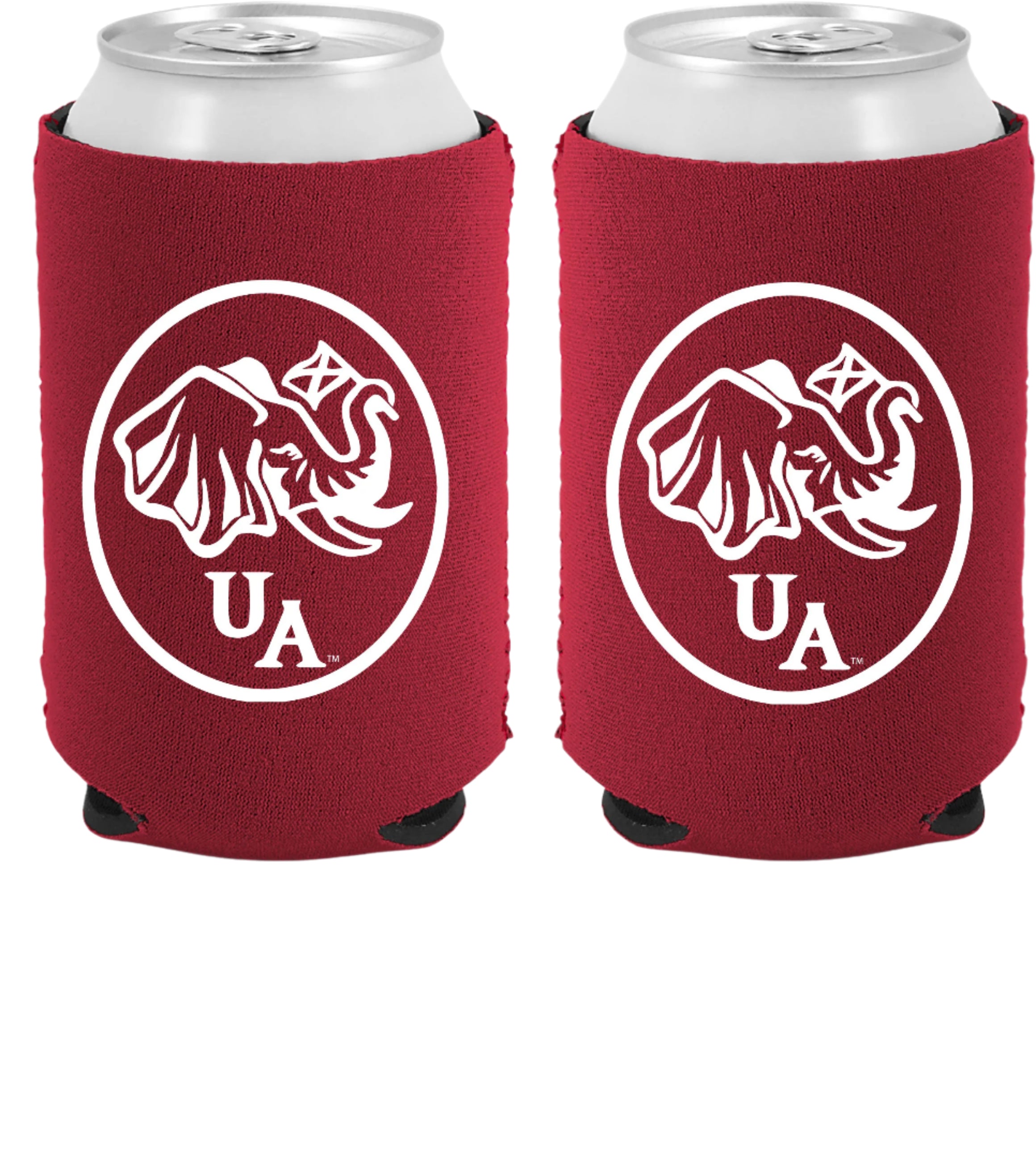 University of Alabama White Neoprene Koozie with an image of an elephant holding an Alabama State flag above the letters "UA"