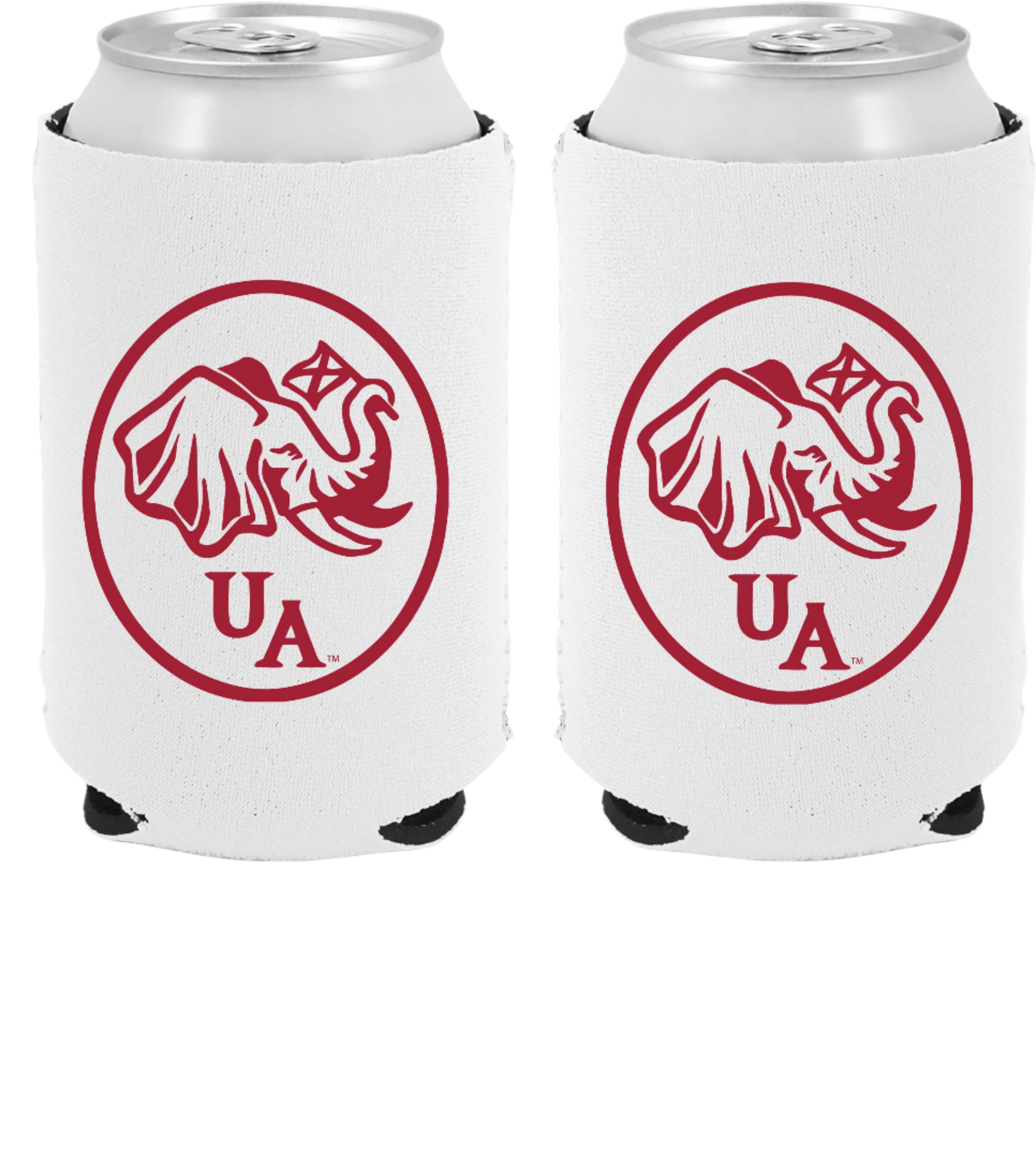 University of Alabama White Neoprene Koozie with an image of an elephant holding an Alabama State flag above the letters "UA"