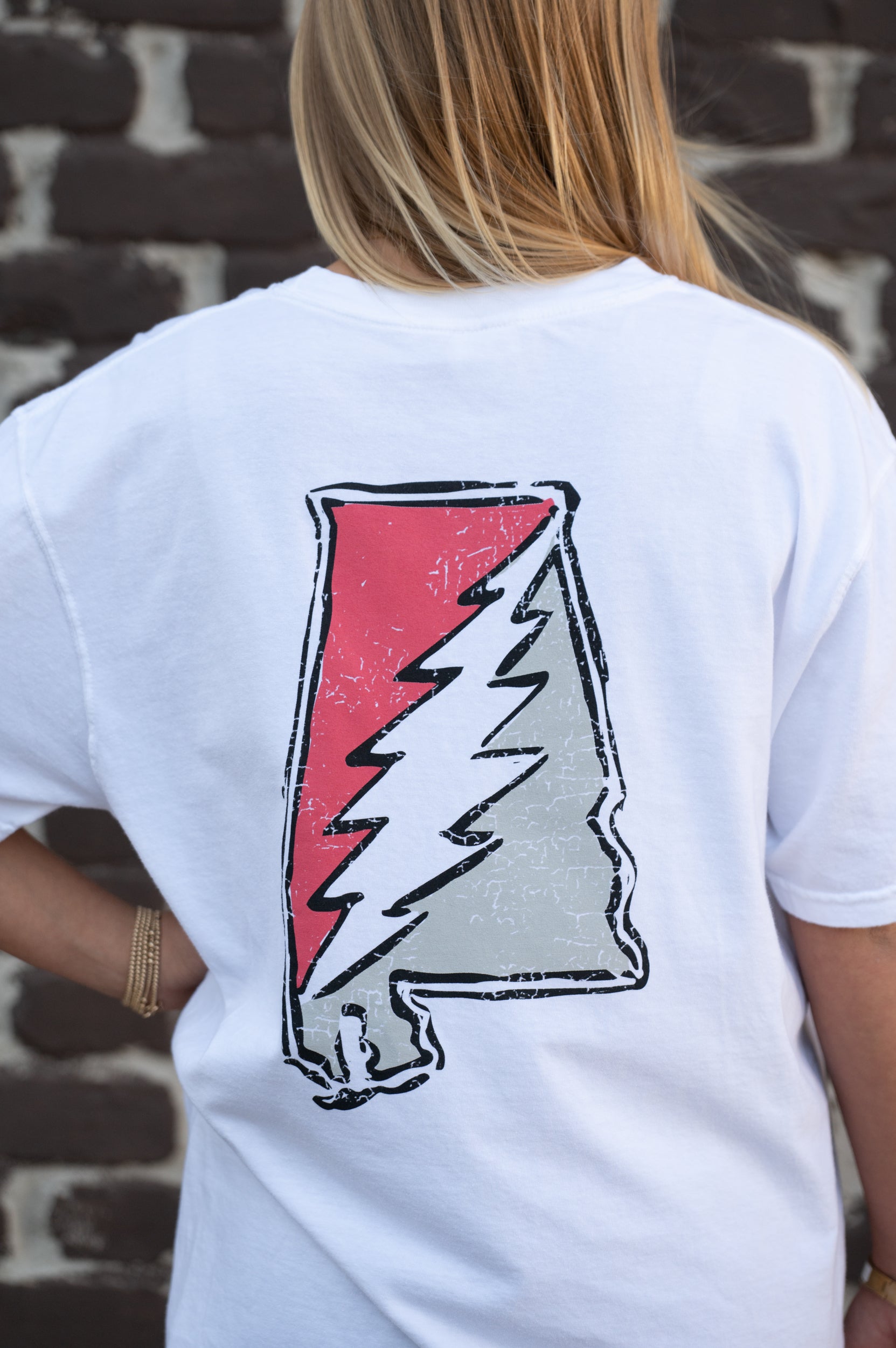 Crimson and Grey Grateful State White Comfort Colors T-Shirt with a Red and Grey print of the Alabama "Grateful State" Logo