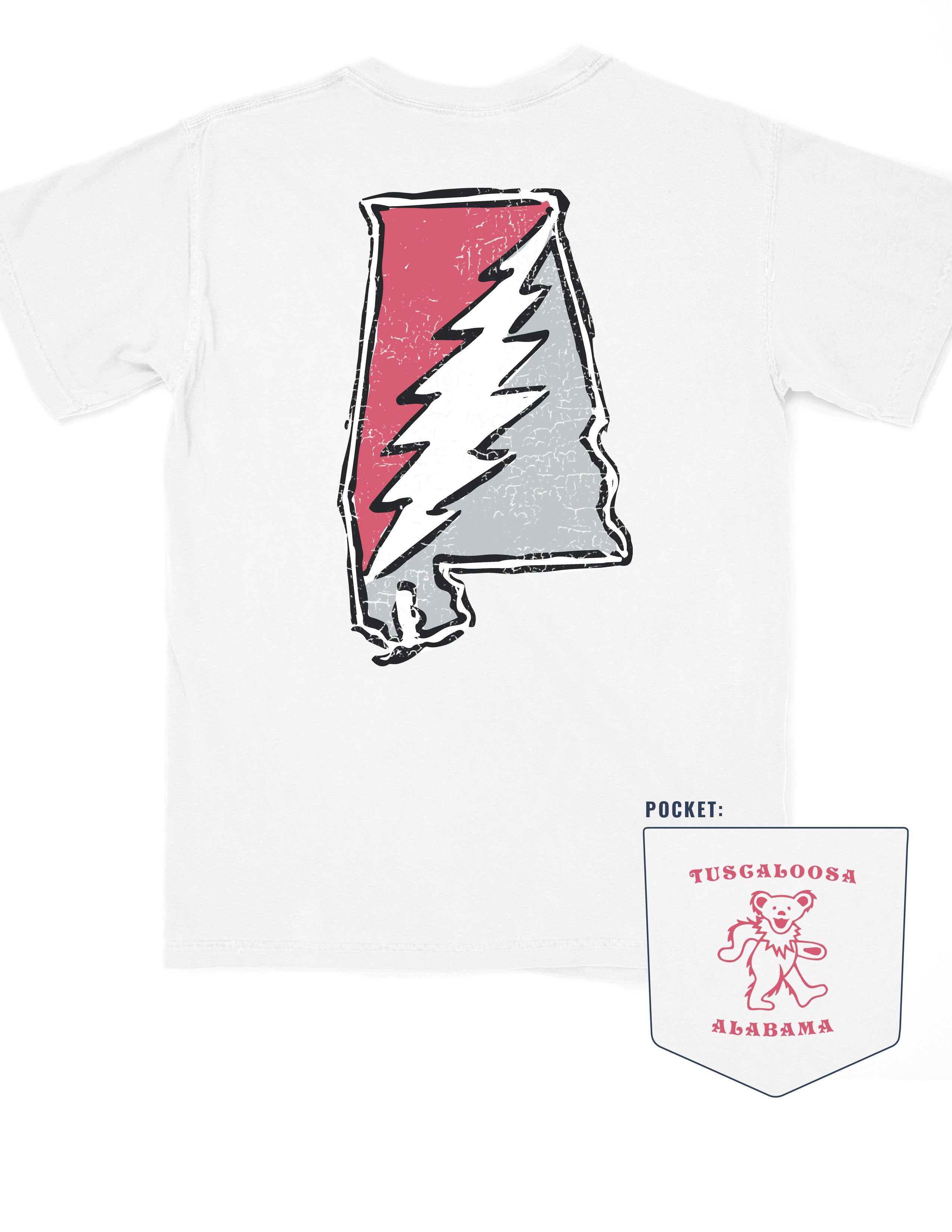 Crimson and Grey Grateful State White Comfort Colors T-Shirt with a Red and Grey print of the Alabama "Grateful State" Logo