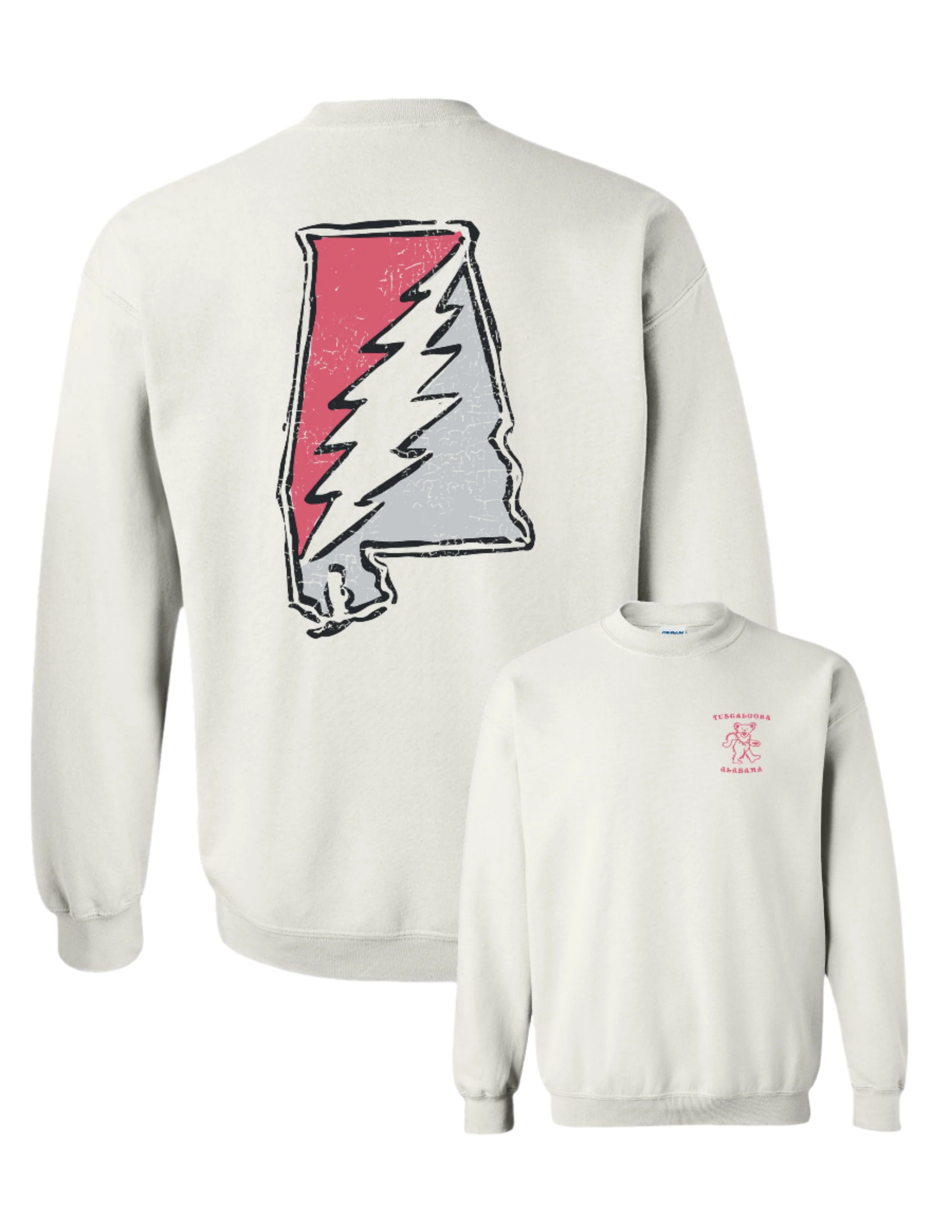 Crimson and Grey Grateful State White Gildan Sweatshirt with a Red and Grey print of the Alabama "Grateful State" Logo