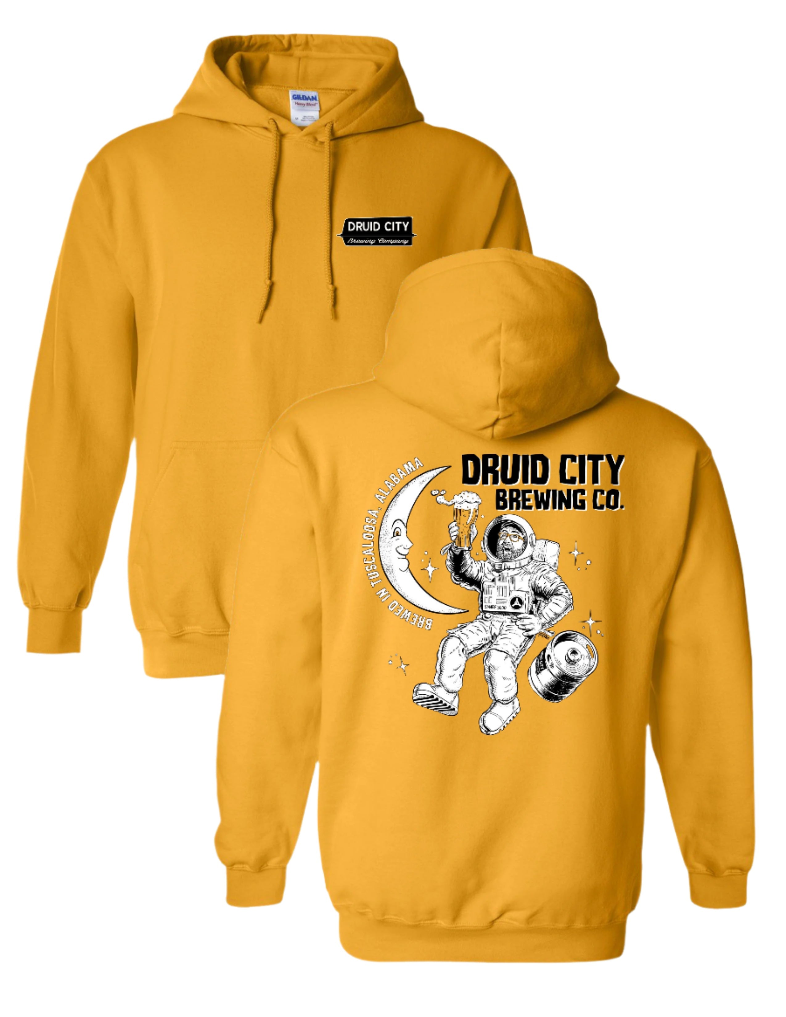 Druid City Brewing Yellow Hoodie with Black text "Druid City Brewing Co." above an image of an astronaut with a beer floating next to the moon
