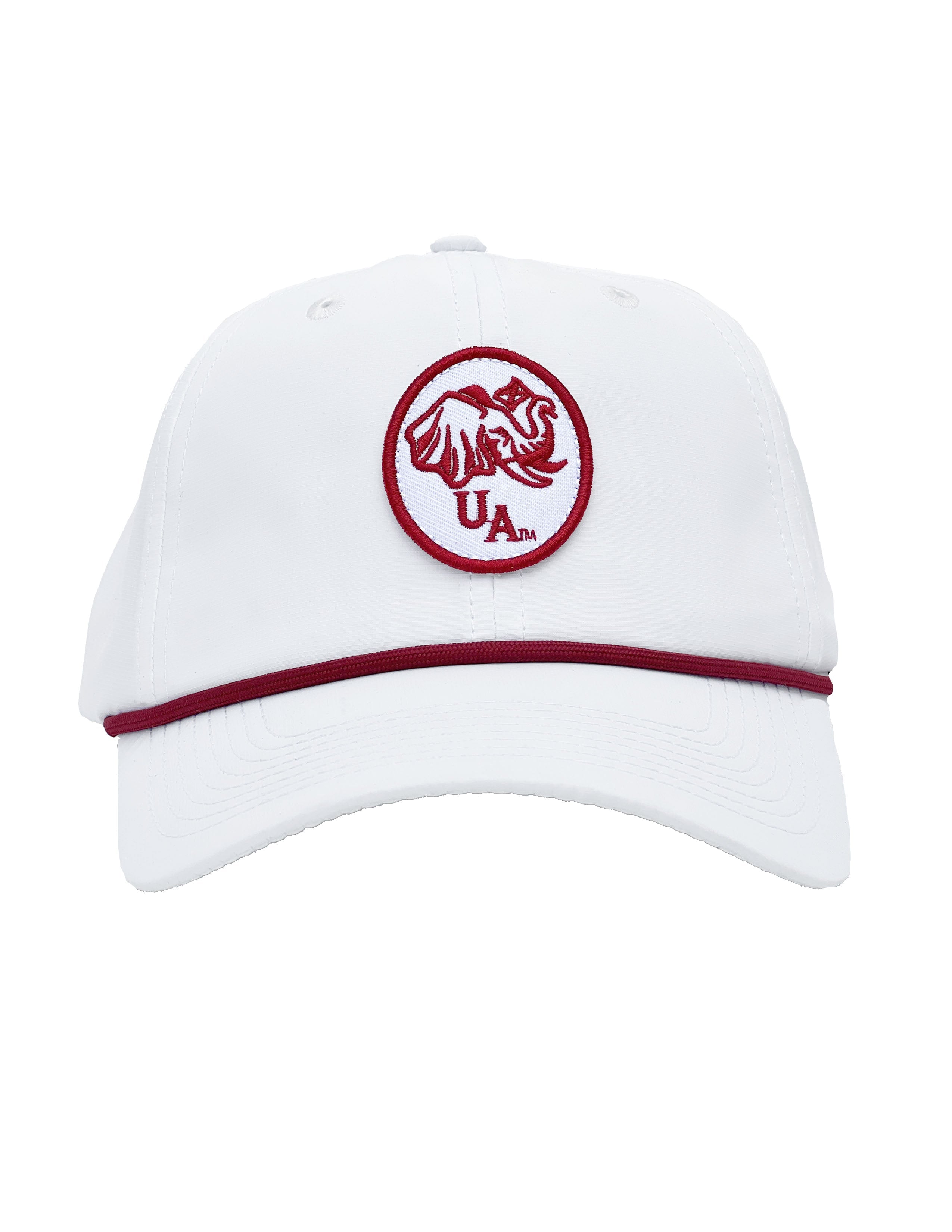 University of Alabama White Rope Hat with a Red Rope and an image of an elephant holding an Alabama State flag above the letters "UA"